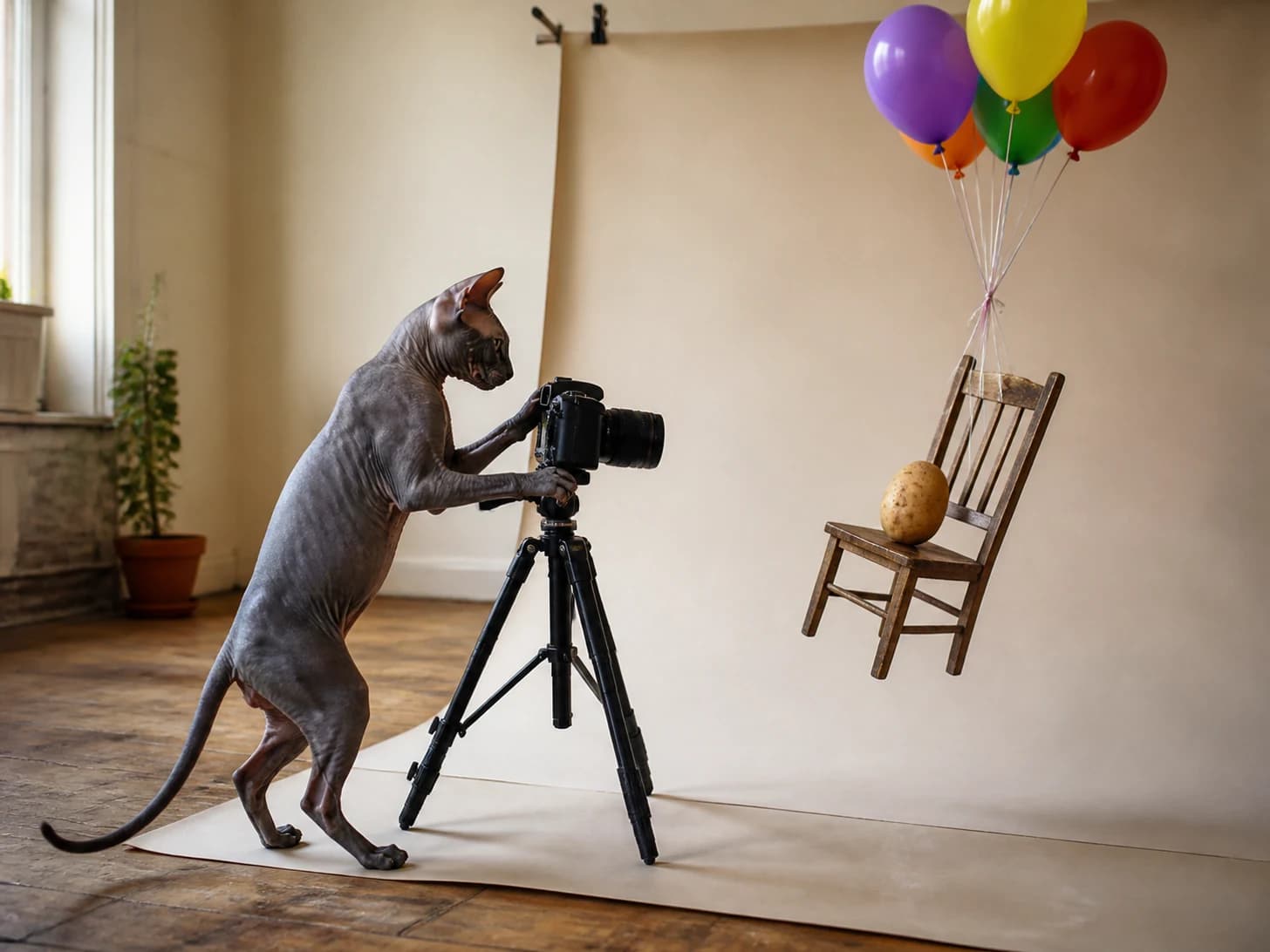 Zinnia was promoted to photographer arranging a portrait of one potato; unfortunately, a balloon bouquet pulls a tiny chair upward.