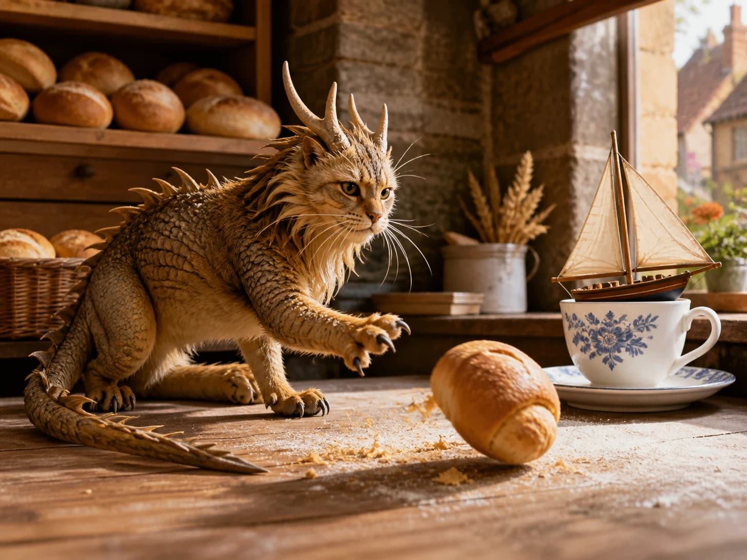 Marigold II was promoted to baker guarding a runaway bread roll; unfortunately, a model sailboat becomes stranded in a teacup.