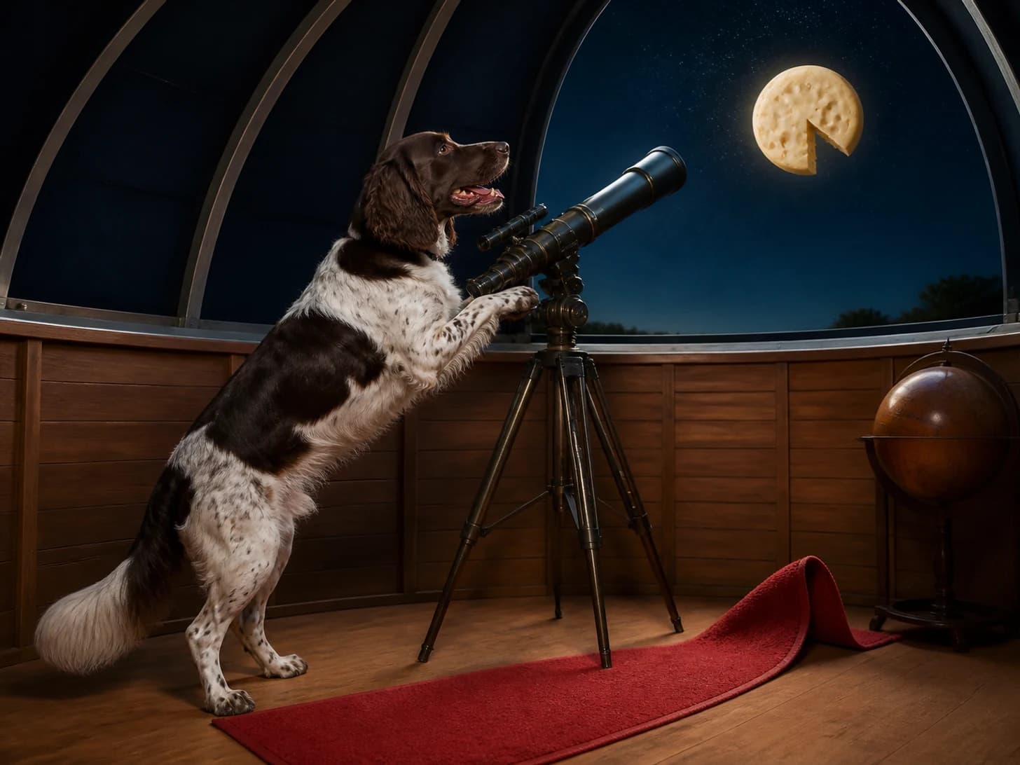 Domino was promoted to astronomer discovering that the moon is a cheese wheel; unfortunately, a tiny red carpet refuses to lie flat.