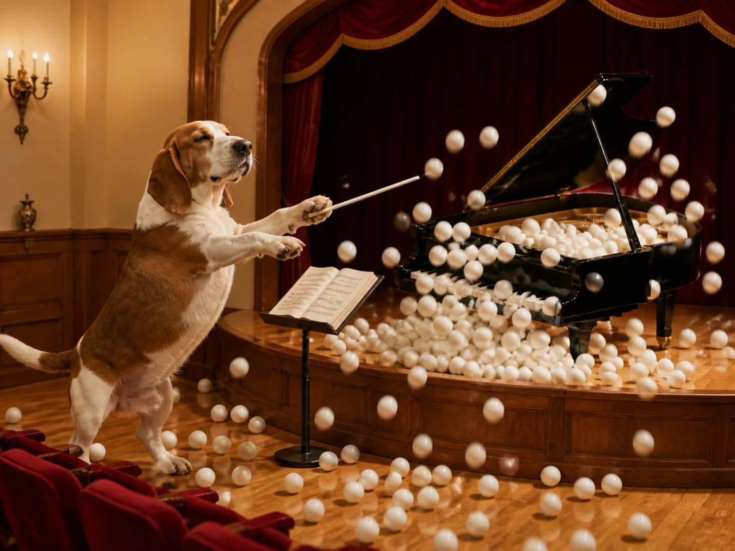 Nectarine was promoted to stern orchestra conductor; unfortunately, dozens of ping-pong balls escape at once.