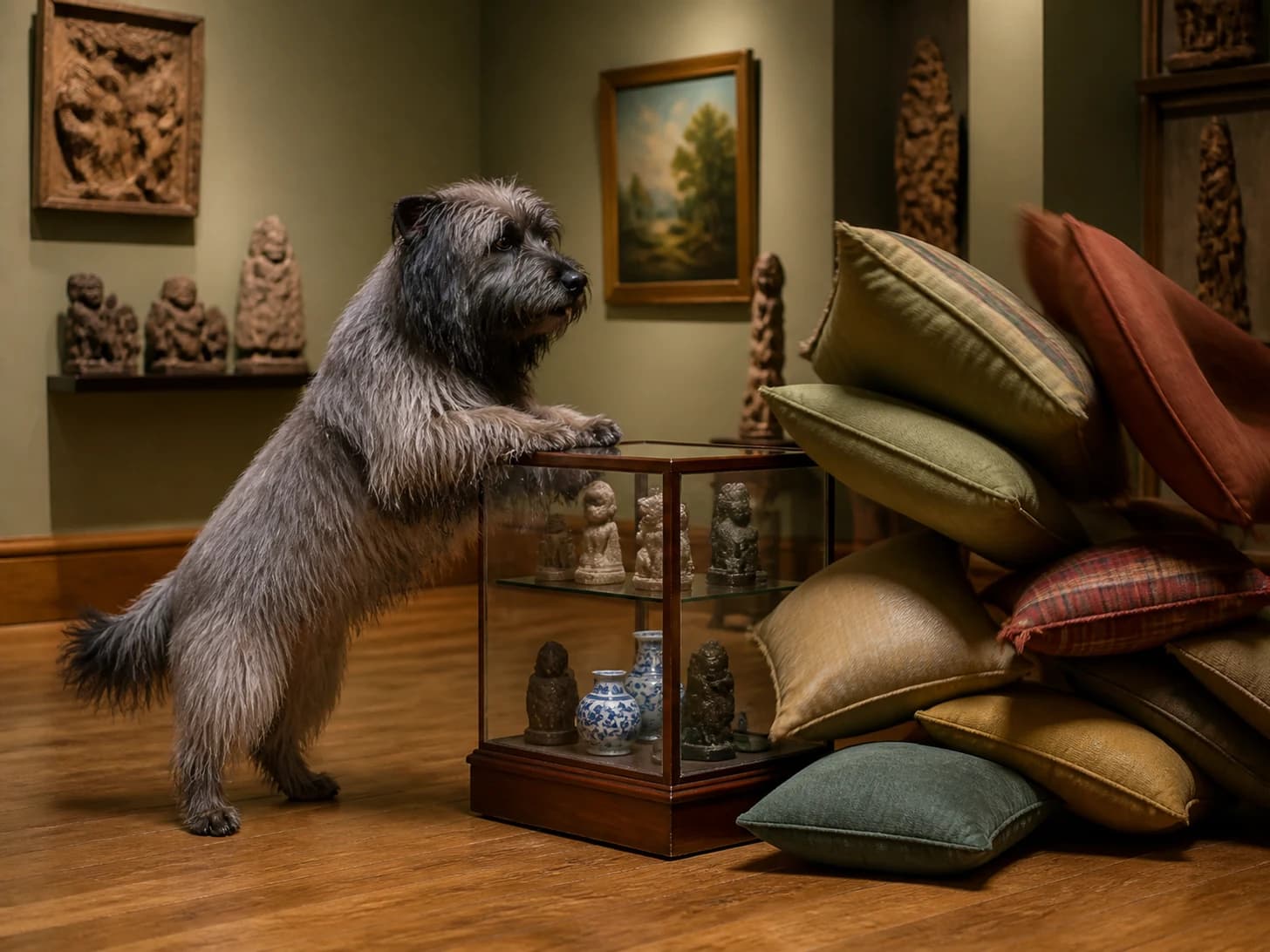 Dumpling was promoted to meticulous museum curator; unfortunately, a pile of cushions slowly topples.