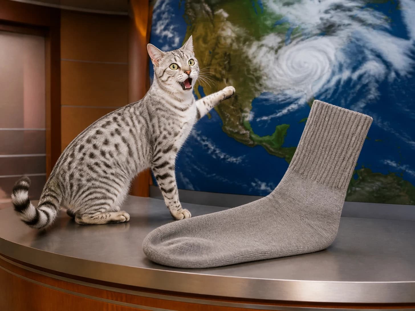 Cinder II was promoted to weather forecaster surprised by its own forecast; unfortunately, a single enormous sock appears without explanation.