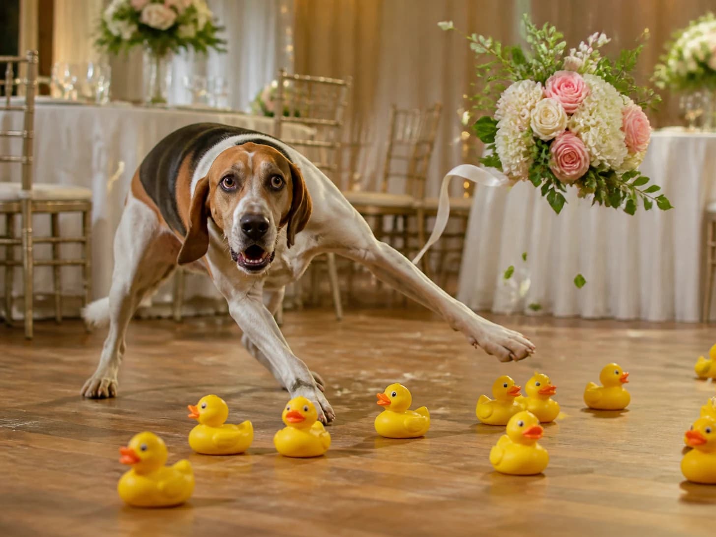 Clemence was promoted to wedding planner facing a runaway bouquet; unfortunately, a parade of rubber ducks heads the wrong way.