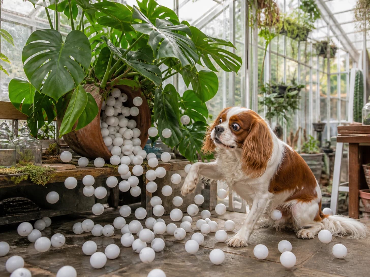 Quince II was promoted to botanist studying an absurdly large houseplant; unfortunately, dozens of ping-pong balls escape at once.