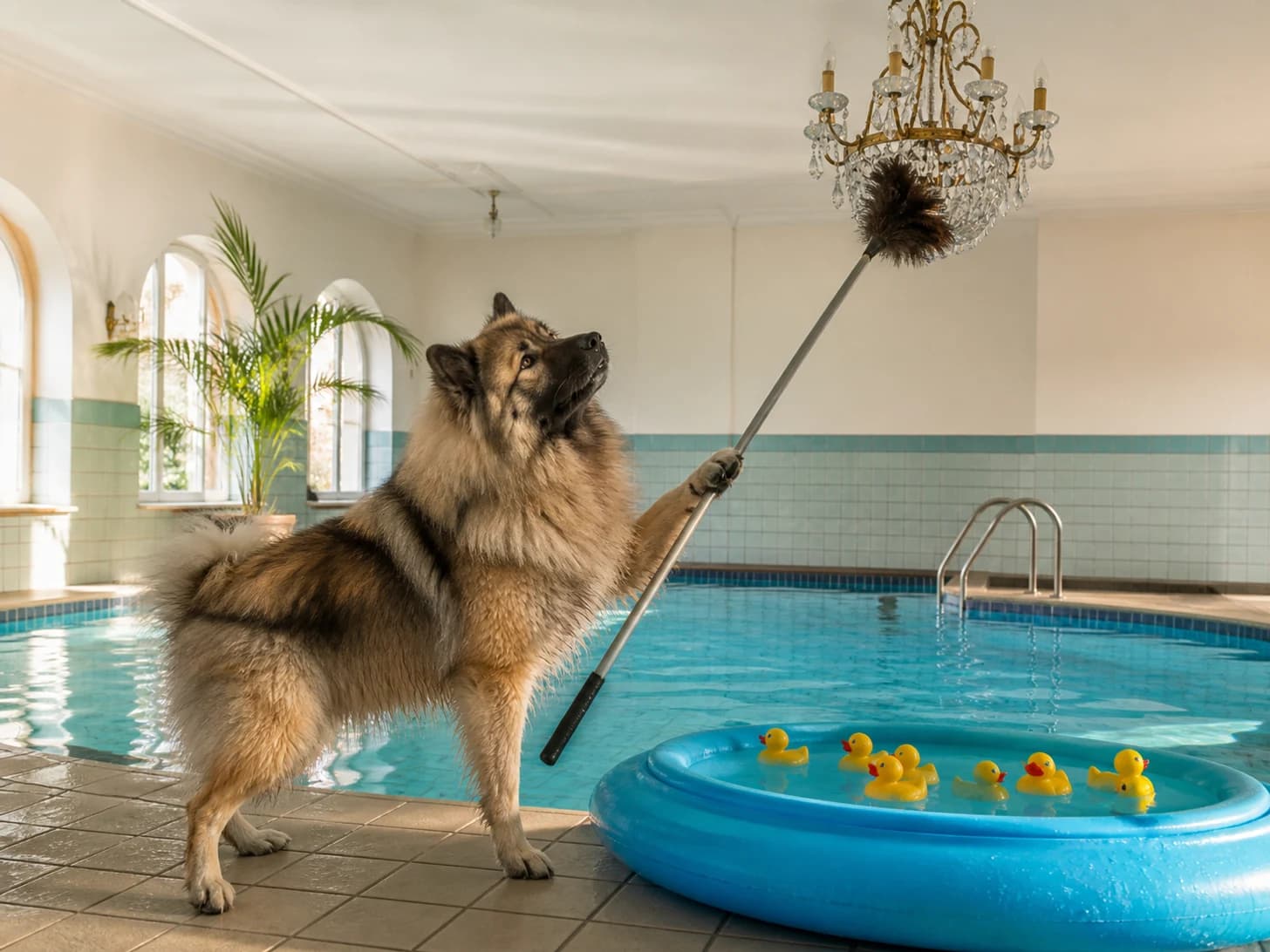 Dumpling III was promoted to lifeguard supervising a paddling pool for rubber ducks; unfortunately, a feather duster gets stuck in a tiny chandelier.
