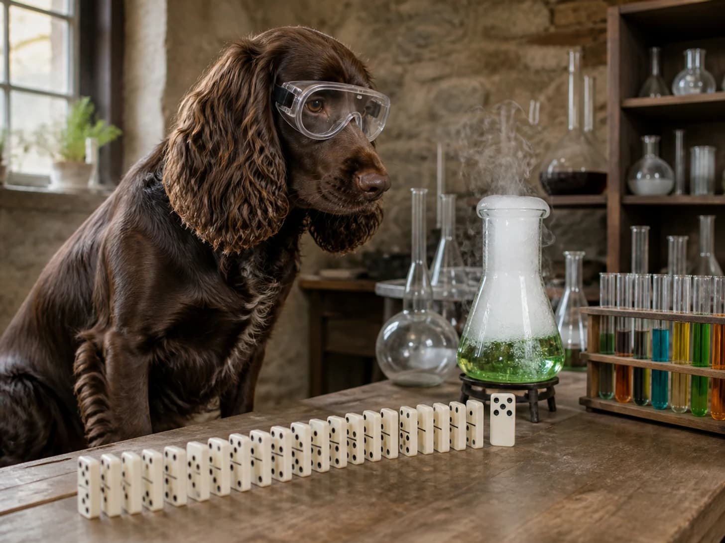 Cardamom was promoted to scientist monitoring a bubbling but harmless experiment; unfortunately, a domino line stops one piece before the finish.