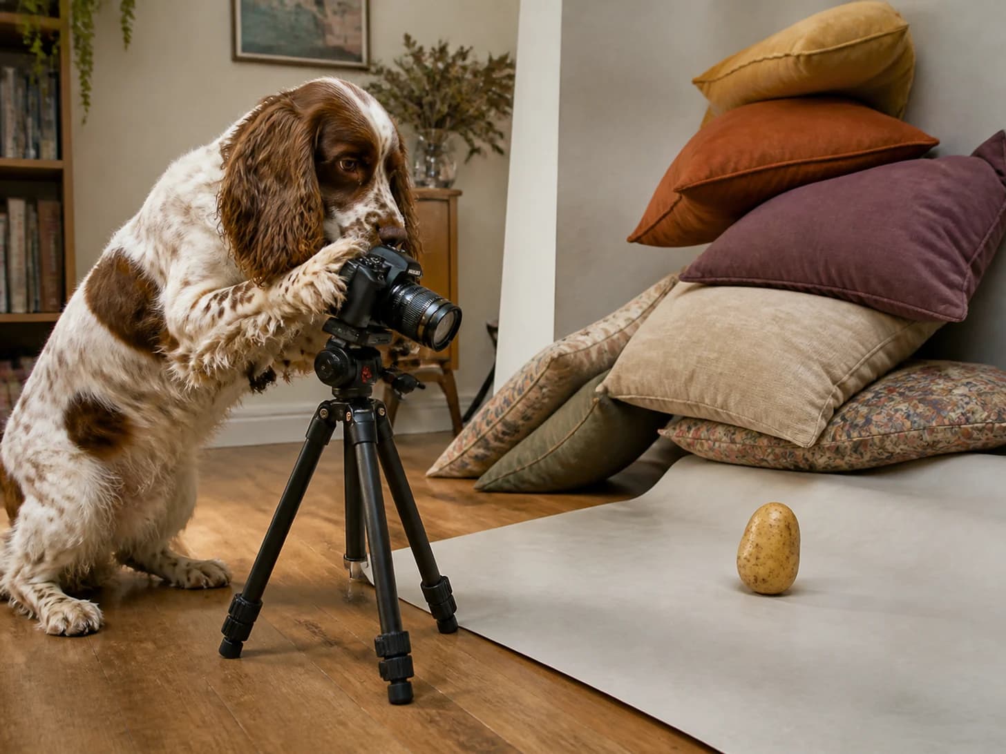 Clemence II was promoted to photographer arranging a portrait of one potato; unfortunately, a pile of cushions slowly topples.