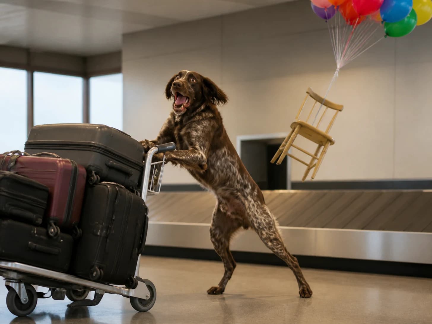 Kiwi was promoted to overwhelmed airport baggage manager; unfortunately, a balloon bouquet pulls a tiny chair upward.