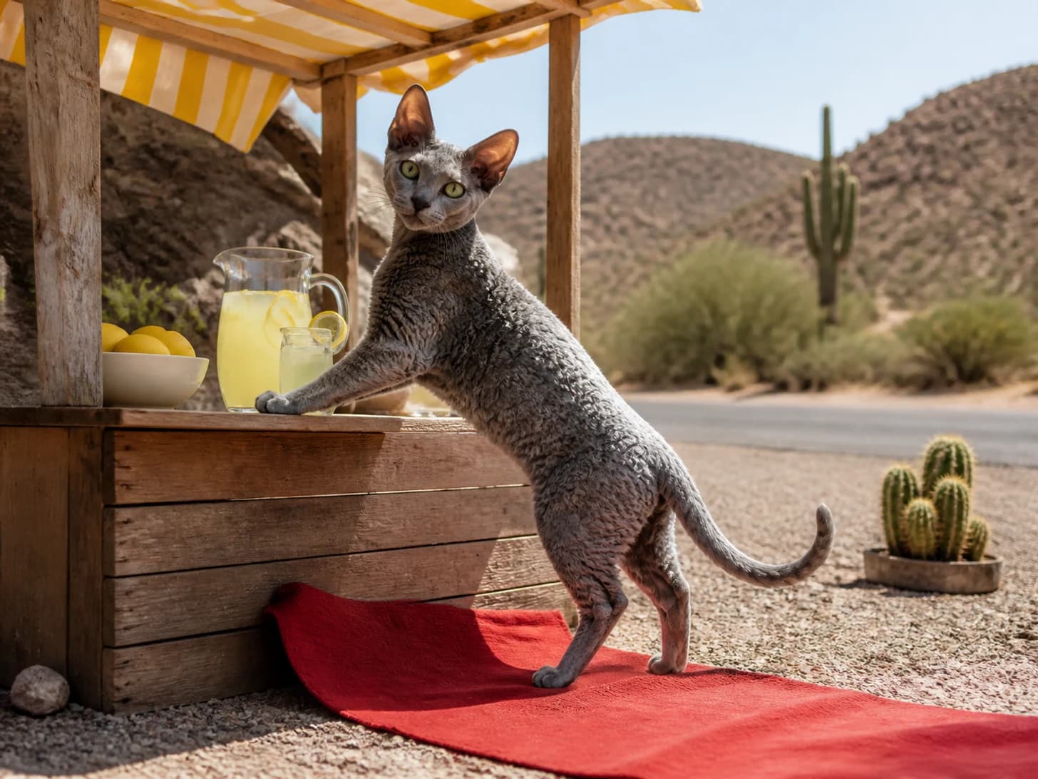 Linnet II was promoted to ambitious roadside lemonade vendor; unfortunately, a tiny red carpet refuses to lie flat.