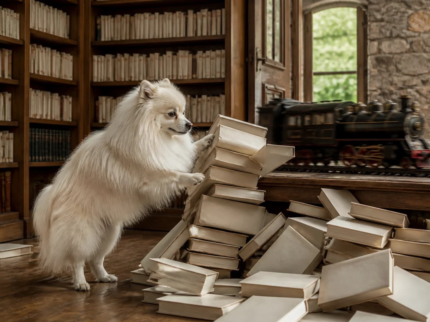 Gherkin II was promoted to librarian managing an avalanche of blank books; unfortunately, a clockwork train misses the platform.