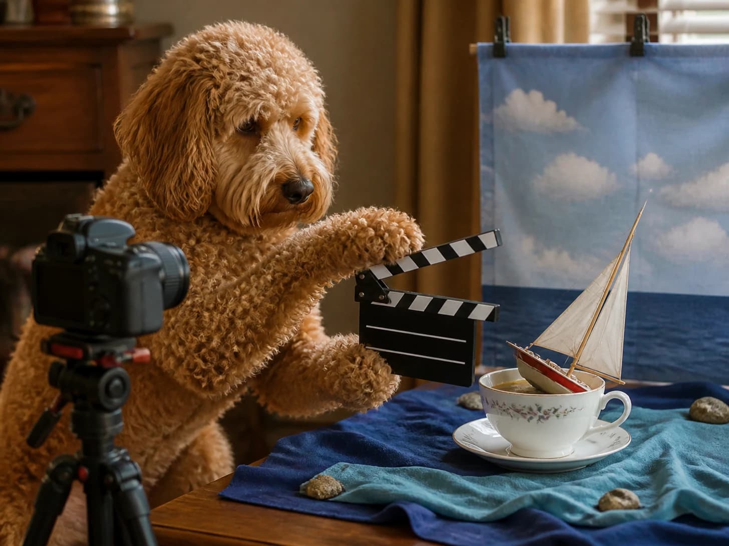 Hazel was promoted to film director frustrated with a toy clapperboard; unfortunately, a model sailboat becomes stranded in a teacup.