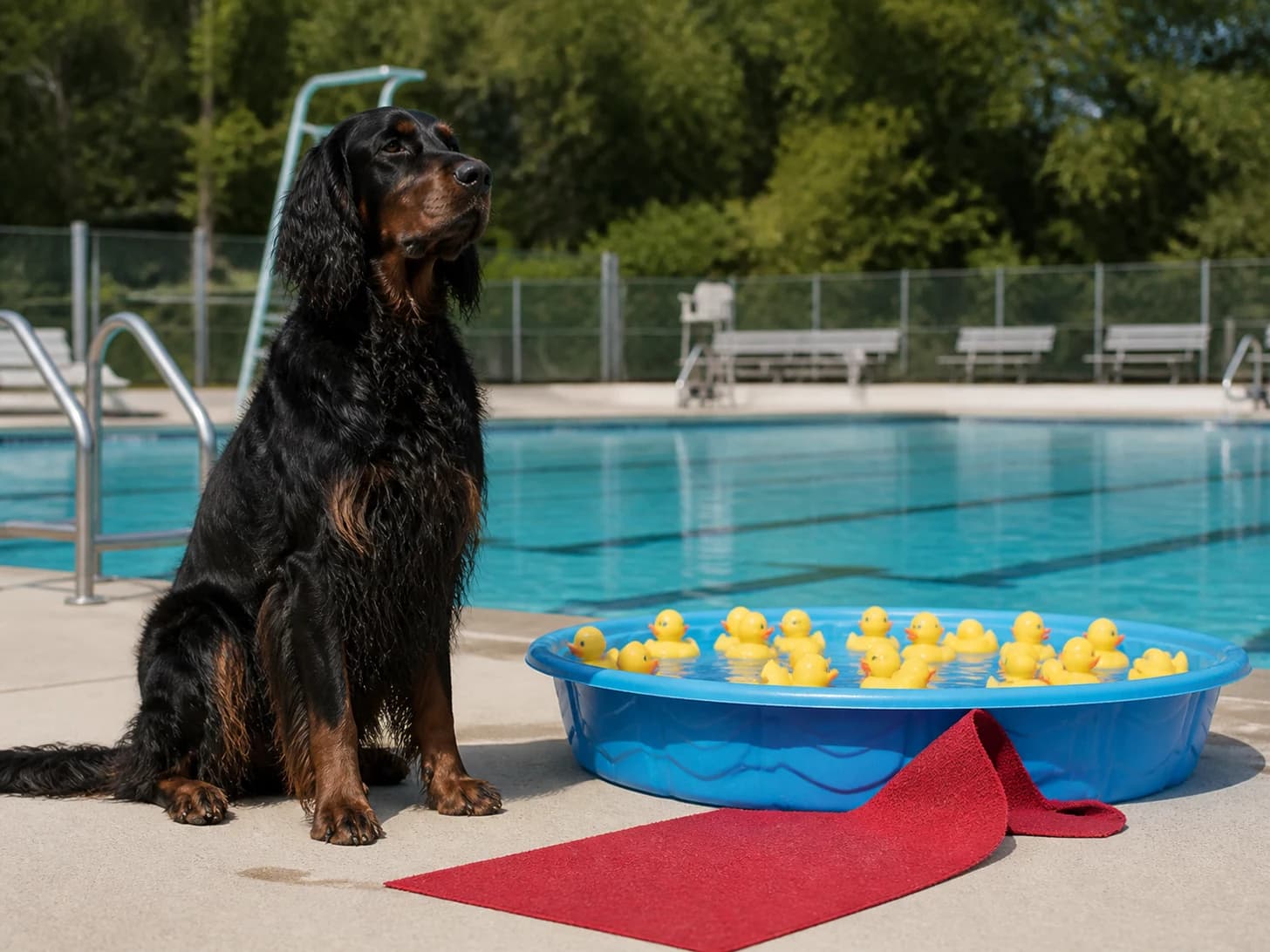 Dandelion was promoted to lifeguard supervising a paddling pool for rubber ducks; unfortunately, a tiny red carpet refuses to lie flat.
