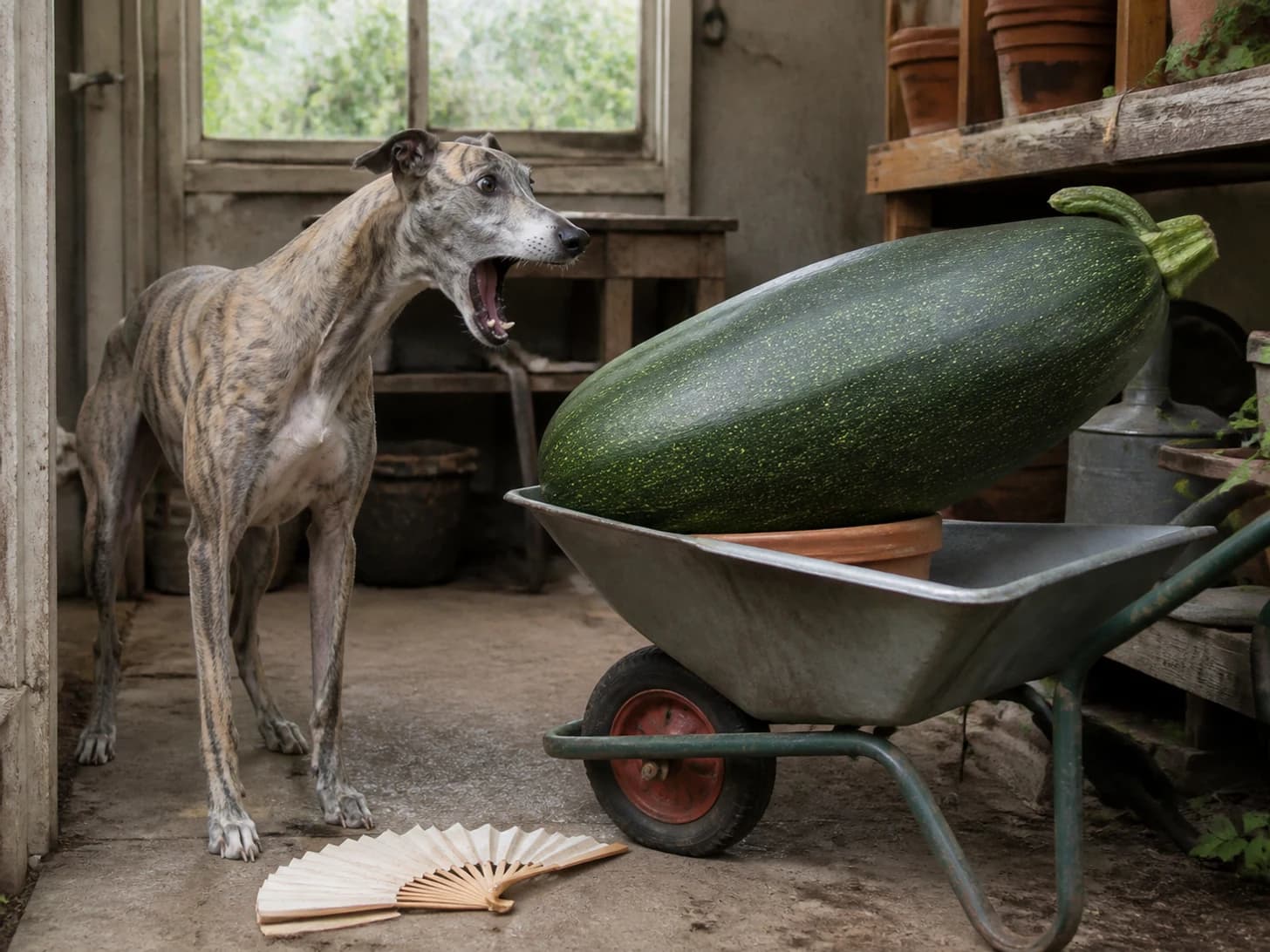 Winston was promoted to gardener confronting a wheelbarrow full of one enormous vegetable; unfortunately, a paper fan unfolds across the floor.