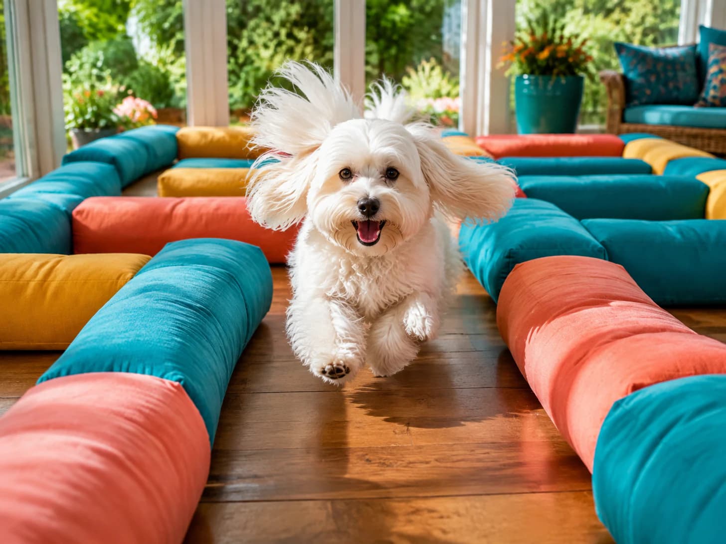 Snowy arranged the cushions herself and now runs the course at speed, uninvited.