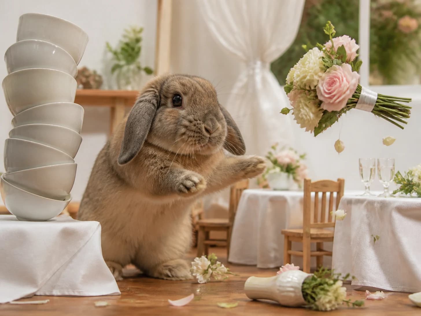 Pudding was promoted to wedding planner facing a runaway bouquet; unfortunately, a stack of empty bowls wobbles dangerously.