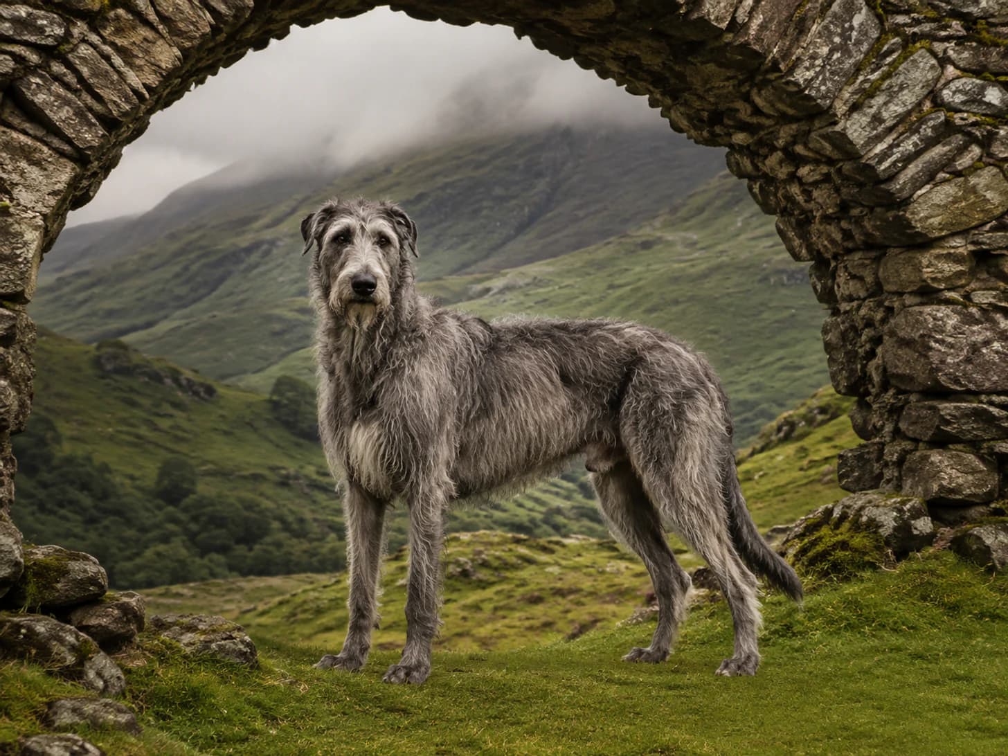 Fionn fits under the arch. Only just, and he is well aware of it.