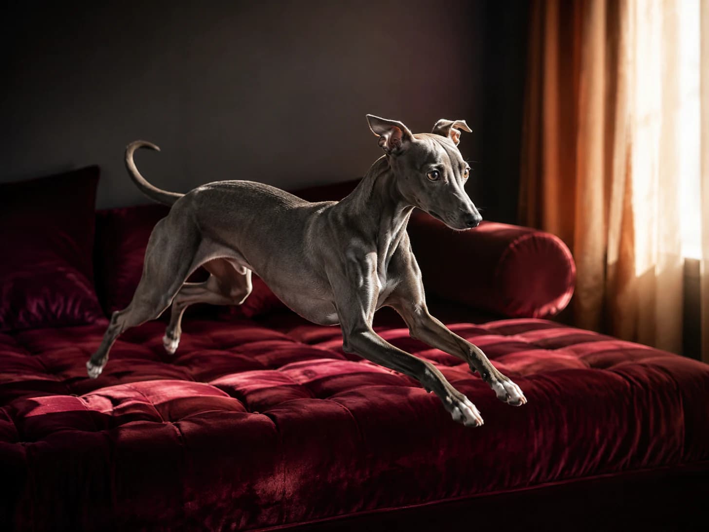 Enzo crosses the entire sofa in one movement and regards the floor as beneath him.