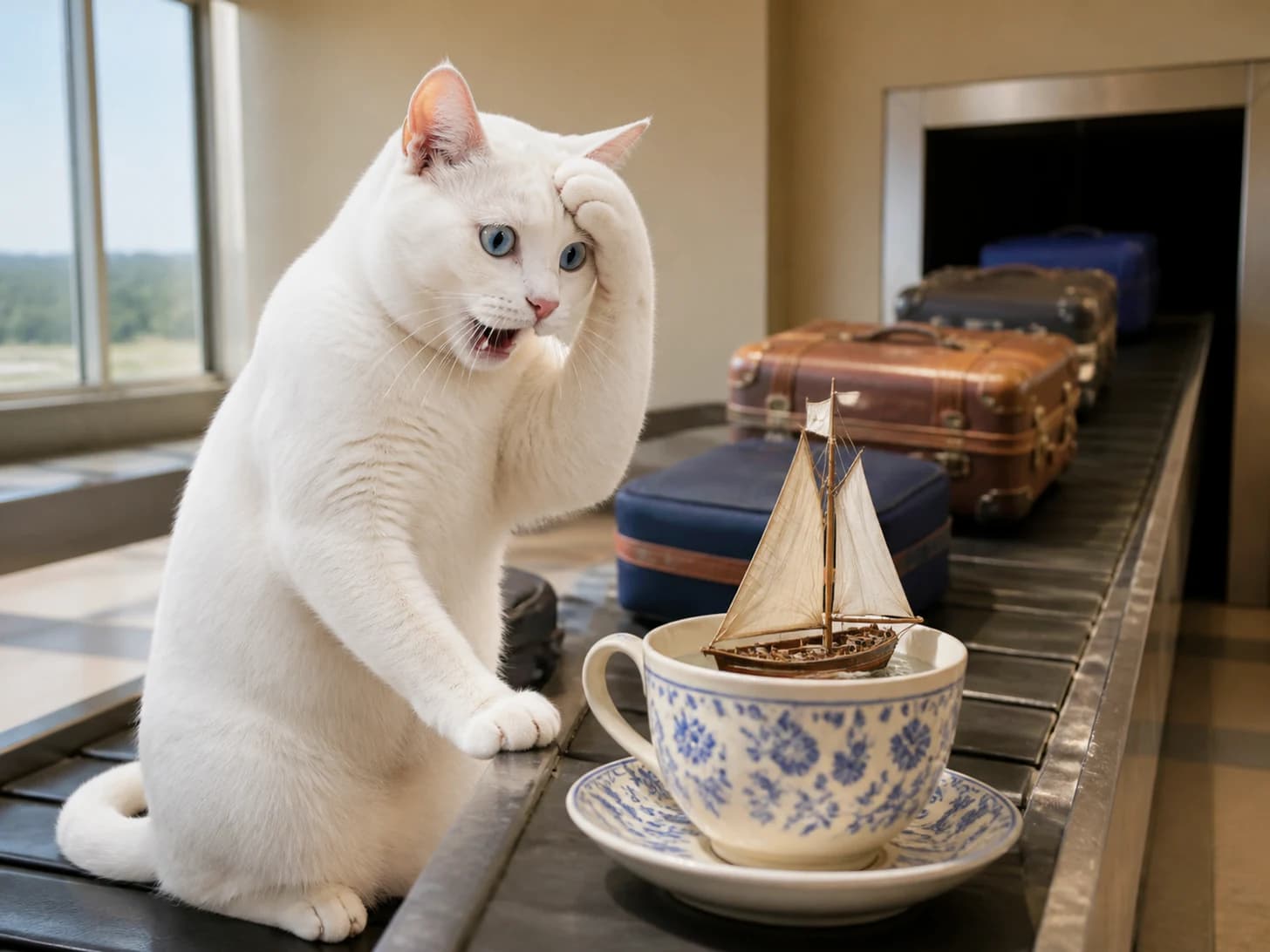 Truffle II was promoted to overwhelmed airport baggage manager; unfortunately, a model sailboat becomes stranded in a teacup.