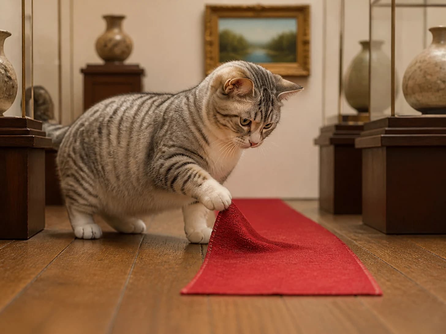 Rhubarb was promoted to meticulous museum curator; unfortunately, a tiny red carpet refuses to lie flat.