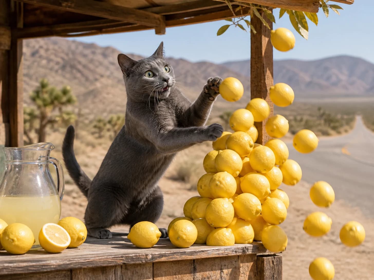 Saffron was promoted to ambitious roadside lemonade vendor; unfortunately, a tower of lemons begins to collapse.