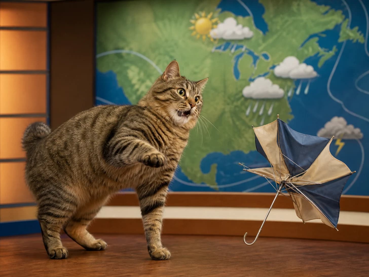 Gherkin III was promoted to weather forecaster surprised by its own forecast; unfortunately, a miniature umbrella turns inside out.
