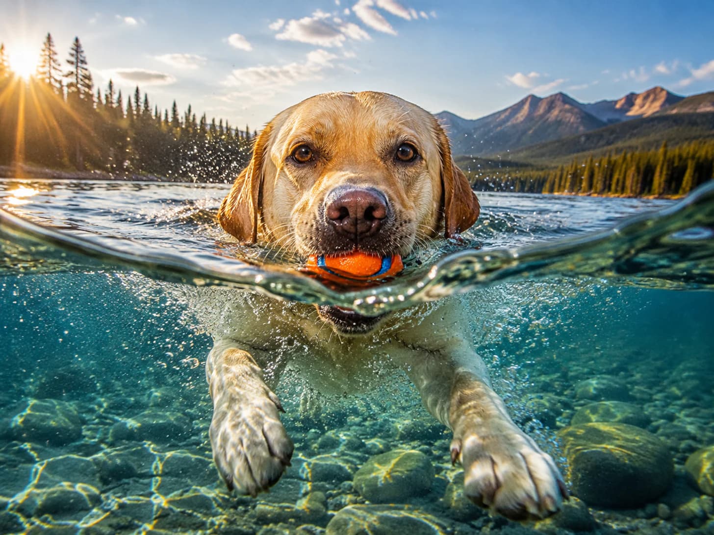 Skipper swims out for the ball and would happily carry on to the far shore.