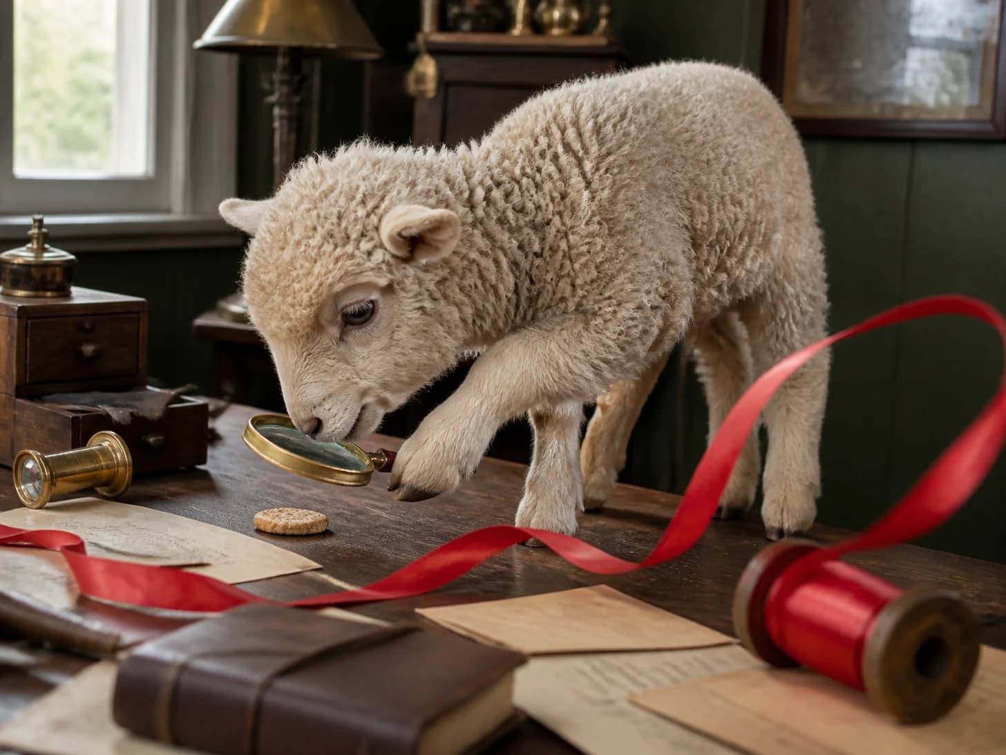 Wren II was promoted to detective examining one suspicious biscuit; unfortunately, a ribbon spool rolls across the entire set.