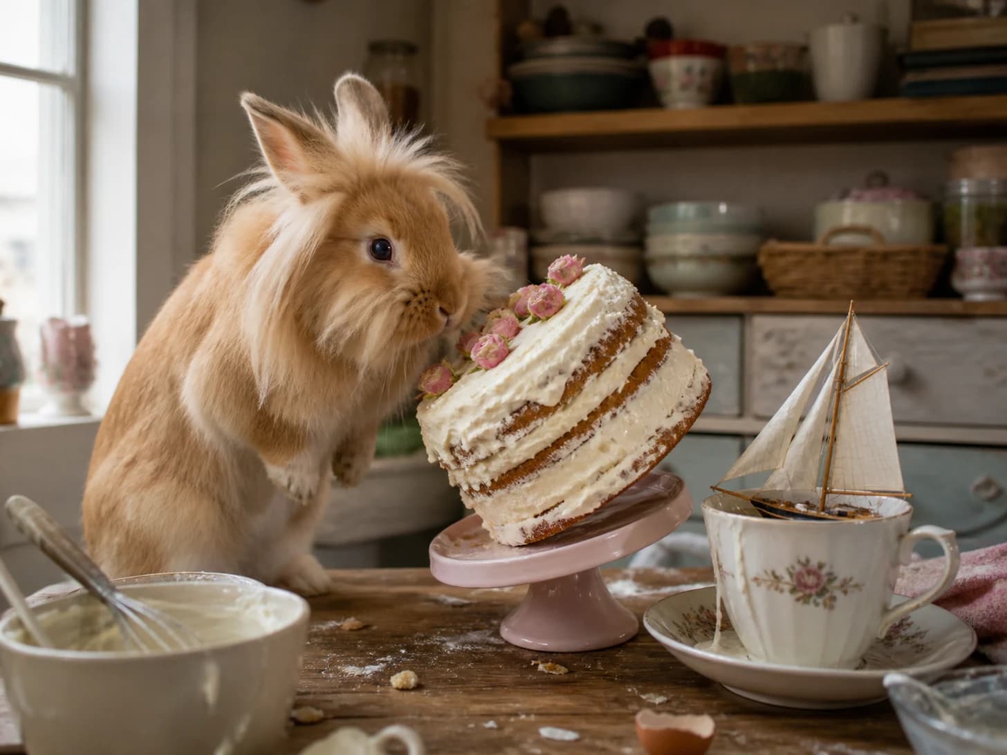 Dandelion was promoted to pastry chef confronting a leaning cake; unfortunately, a model sailboat becomes stranded in a teacup.