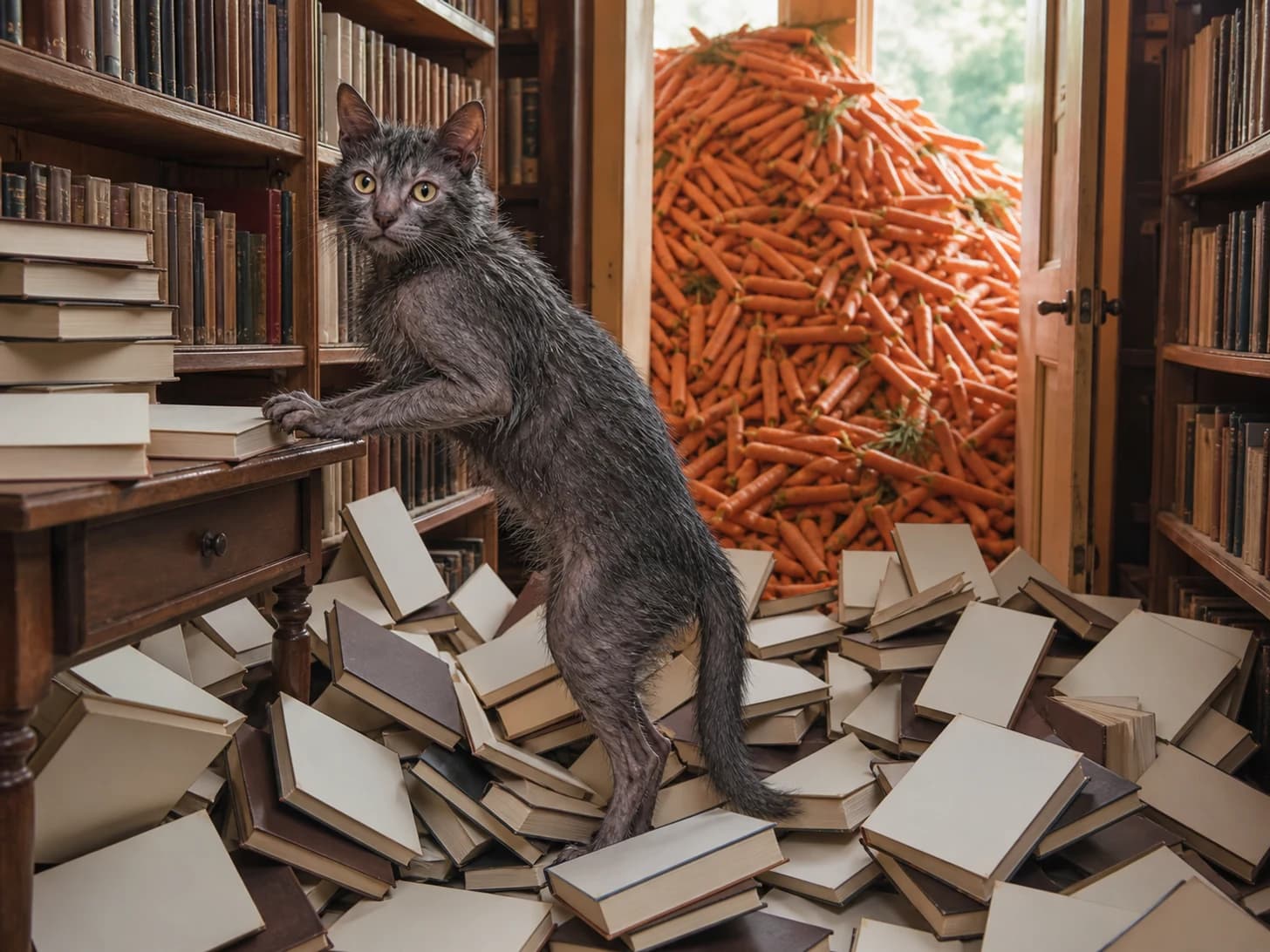 Umber II was promoted to librarian managing an avalanche of blank books; unfortunately, a mountain of carrots blocks the doorway.