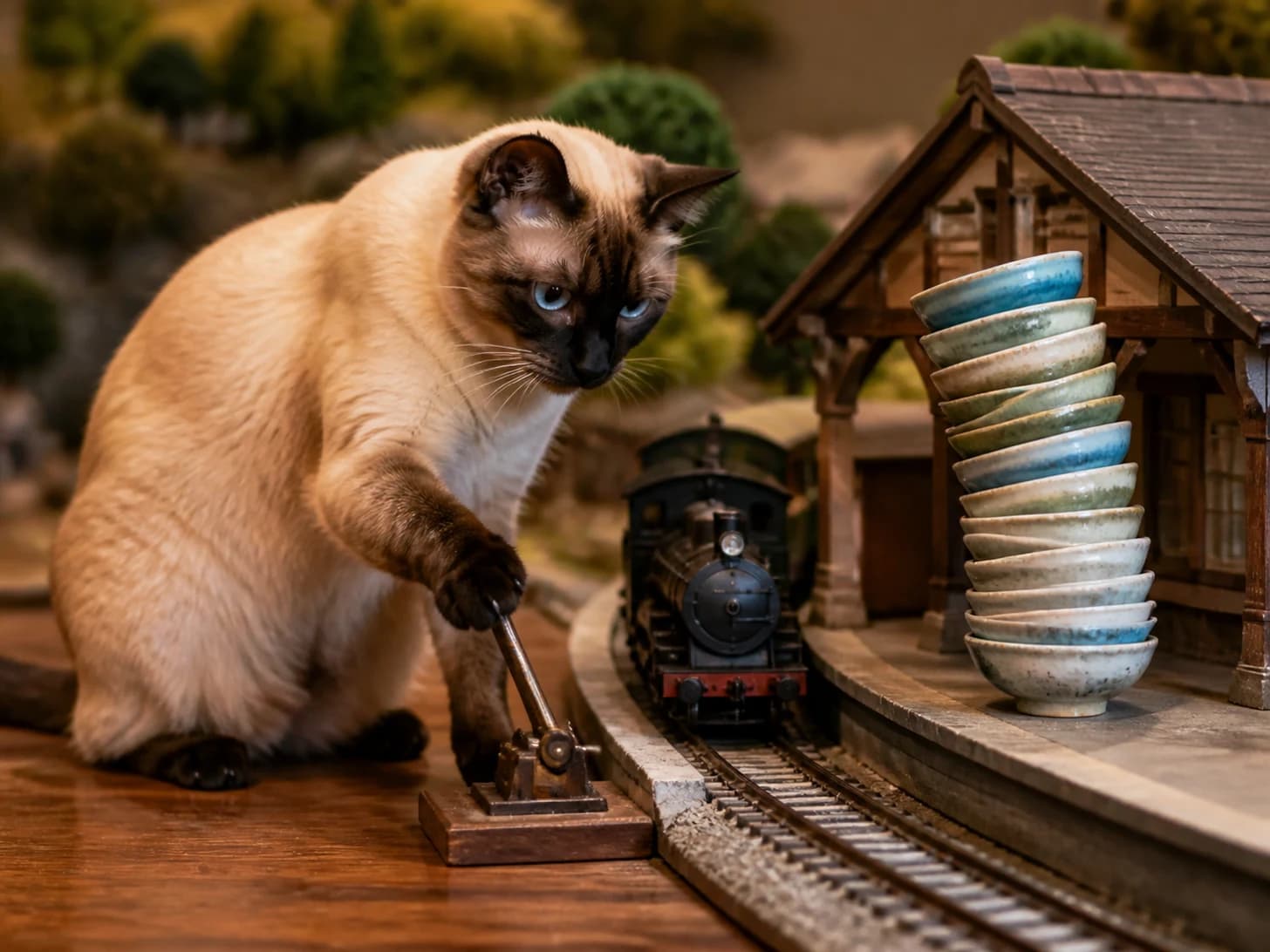 Damson was promoted to train dispatcher handling one tiny late train; unfortunately, a stack of empty bowls wobbles dangerously.