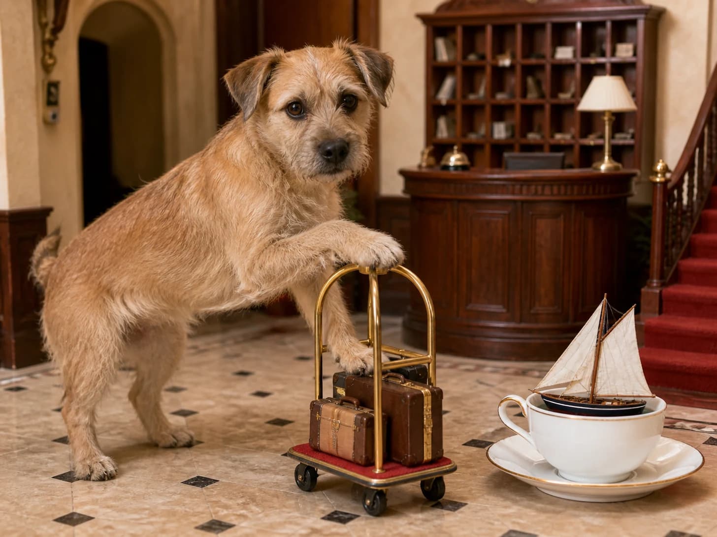 Pepper was promoted to hotel concierge receiving impossible luggage; unfortunately, a model sailboat becomes stranded in a teacup.