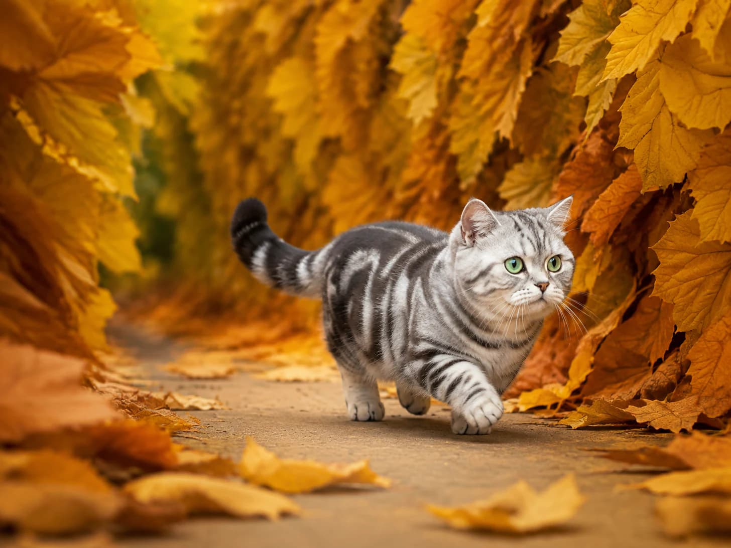 Dumpling walks the leaf tunnel every October at exactly this pace, and no faster.