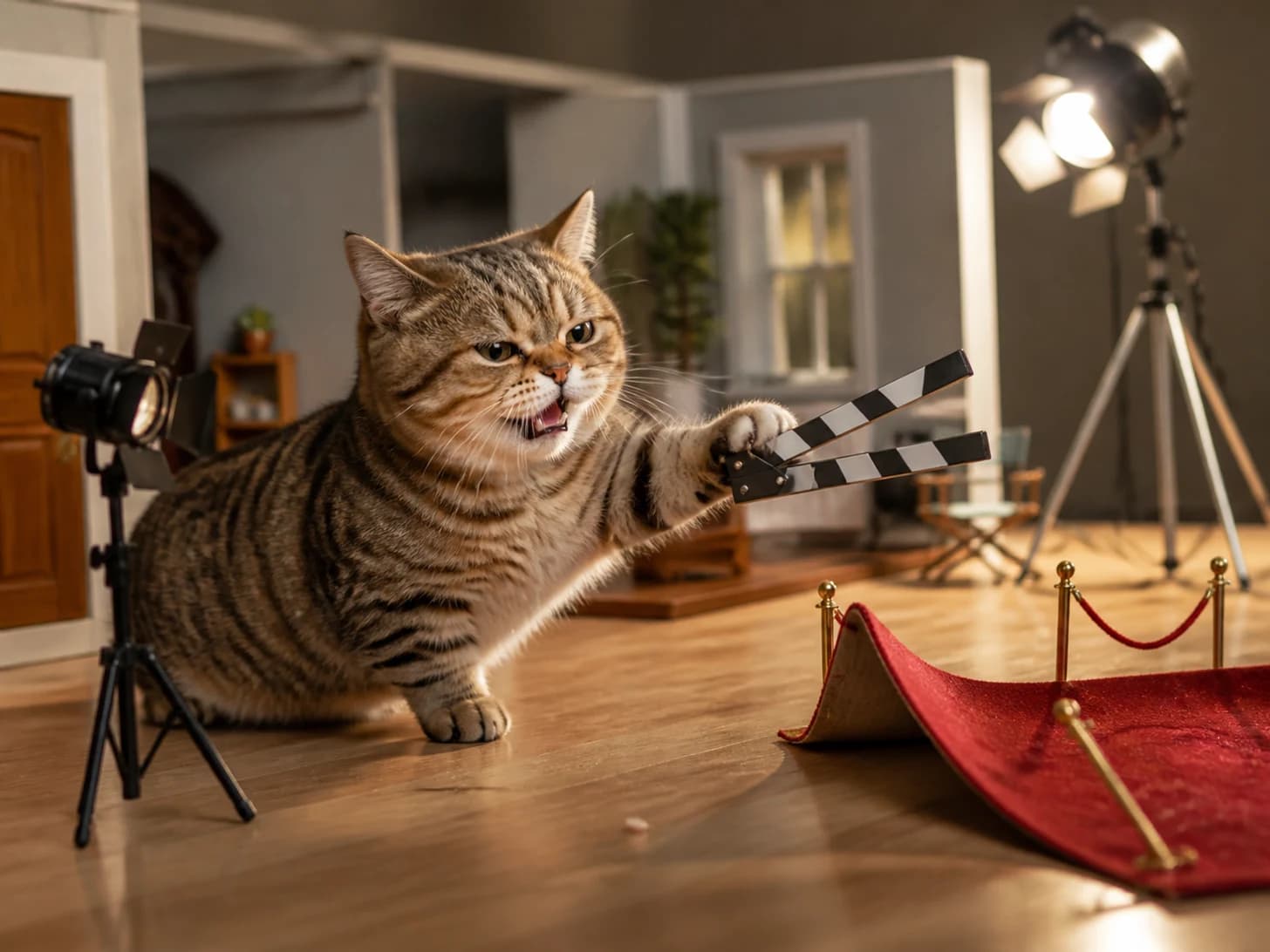 Kestrel III was promoted to film director frustrated with a toy clapperboard; unfortunately, a tiny red carpet refuses to lie flat.