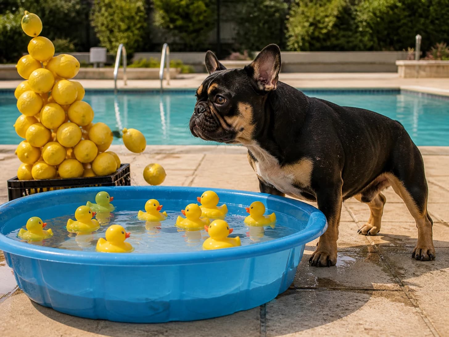 Basil III was promoted to lifeguard supervising a paddling pool for rubber ducks; unfortunately, a tower of lemons begins to collapse.