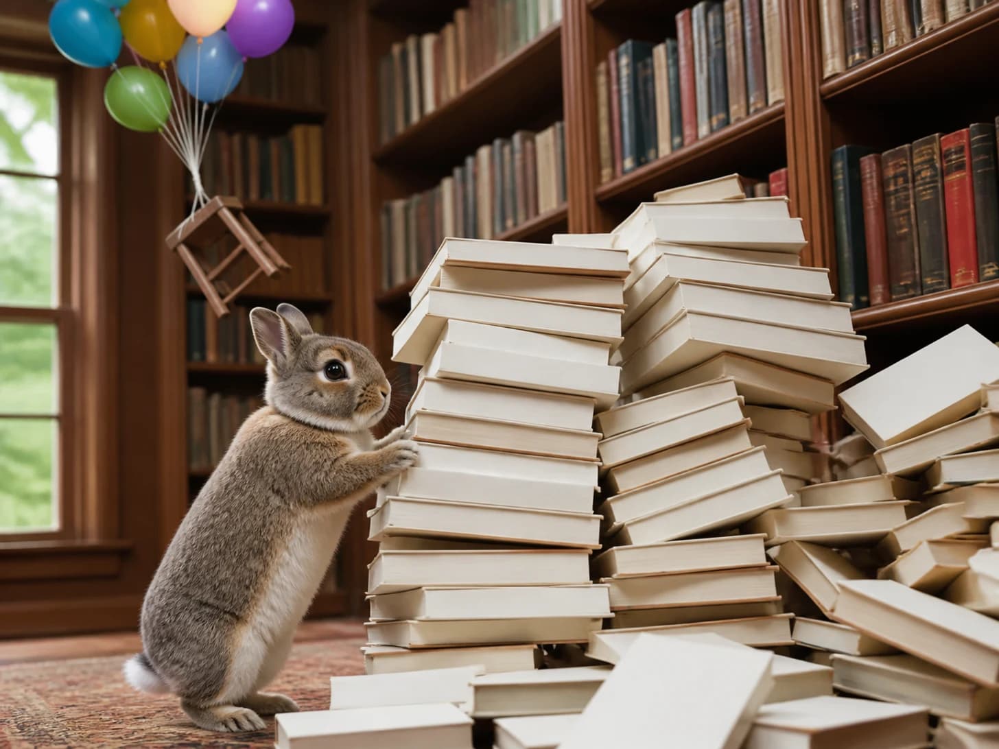 Vareniki was promoted to librarian managing an avalanche of blank books; unfortunately, a balloon bouquet pulls a tiny chair upward.