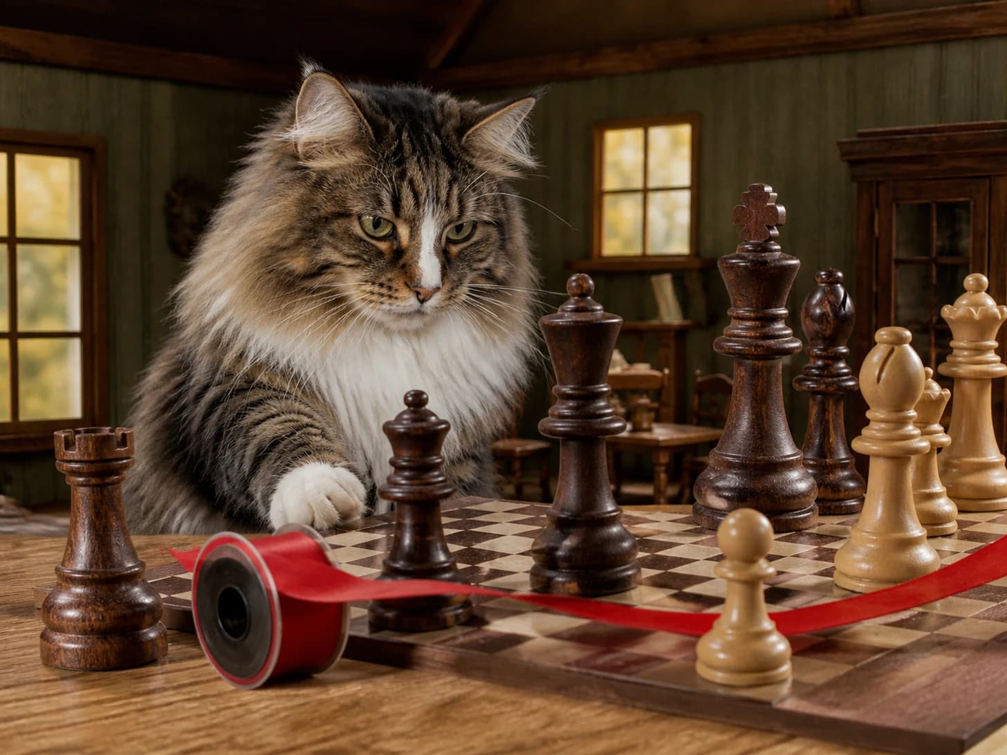 Maple III was promoted to chess champion facing pieces taller than itself; unfortunately, a ribbon spool rolls across the entire set.