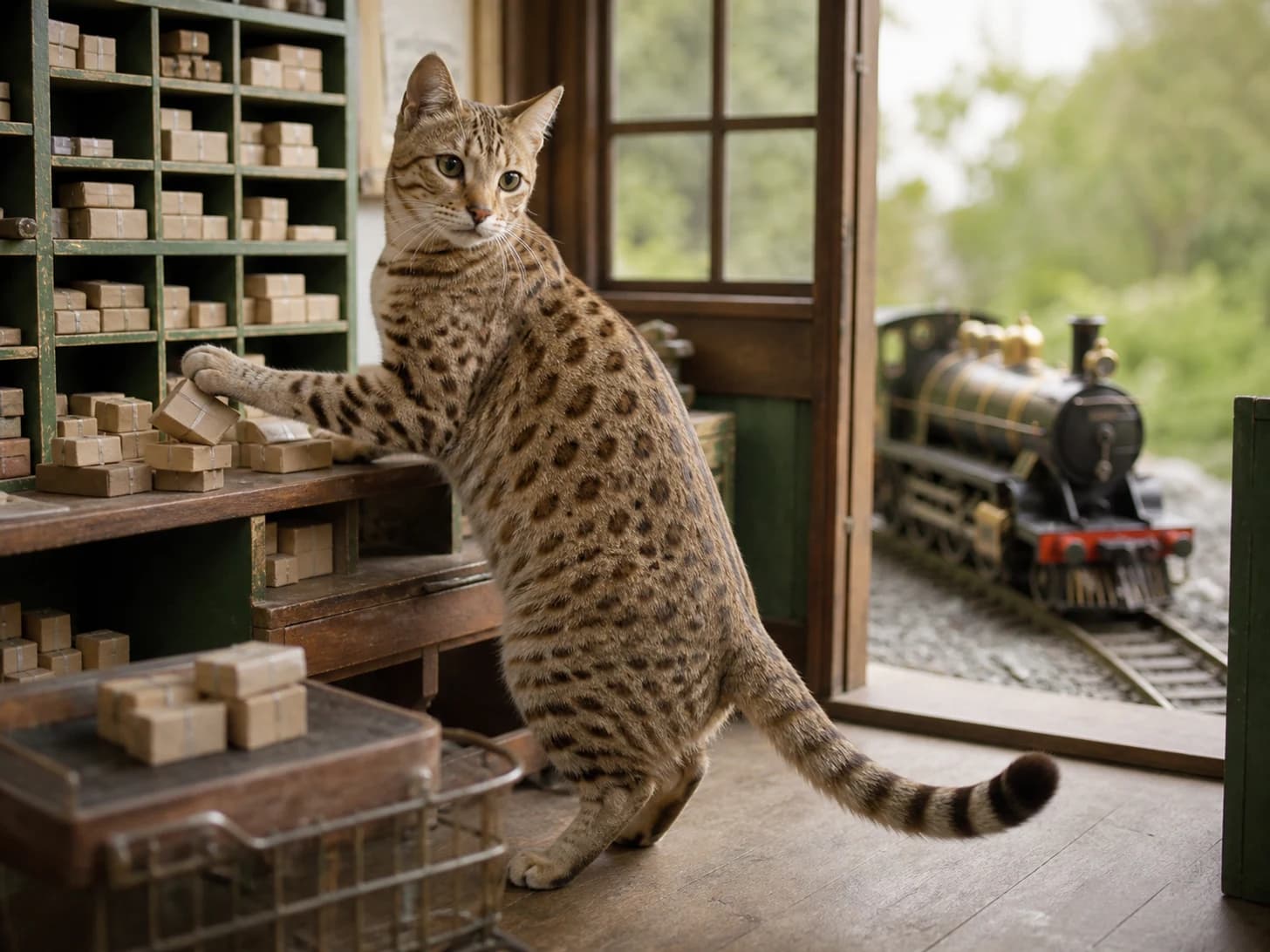 Quince III was promoted to post-office clerk sorting blank miniature parcels; unfortunately, a clockwork train misses the platform.