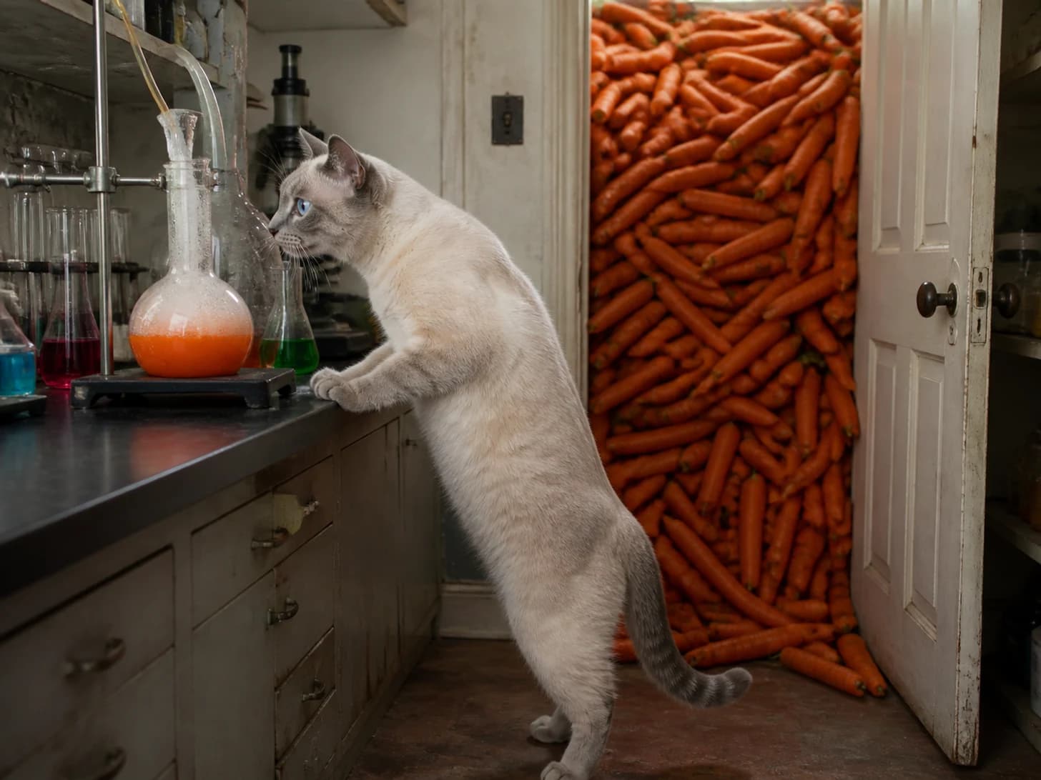 Olive was promoted to scientist monitoring a bubbling but harmless experiment; unfortunately, a mountain of carrots blocks the doorway.