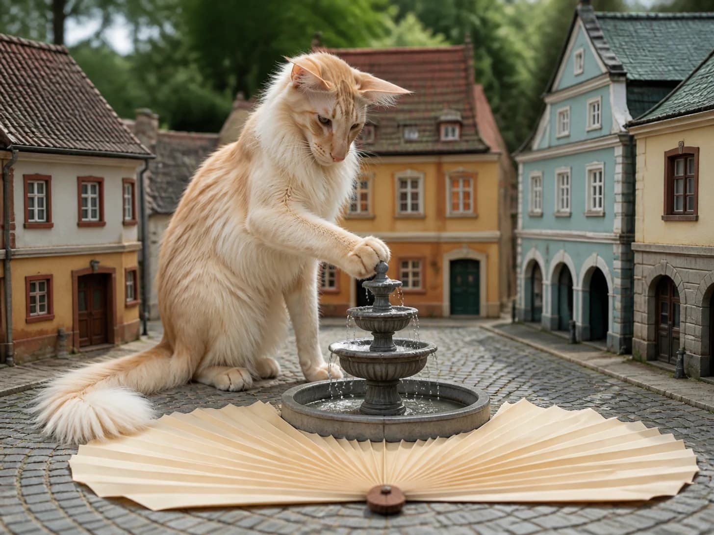 Bandit was promoted to mayor opening a very small fountain; unfortunately, a paper fan unfolds across the floor.