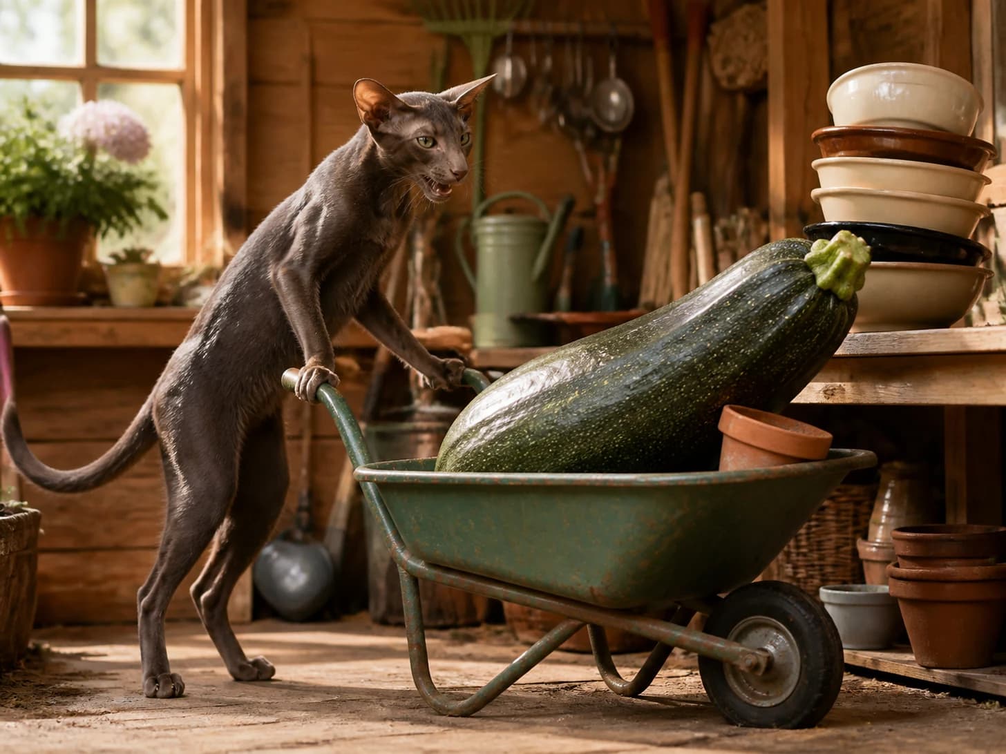 Flint III was promoted to gardener confronting a wheelbarrow full of one enormous vegetable; unfortunately, a stack of empty bowls wobbles dangerously.