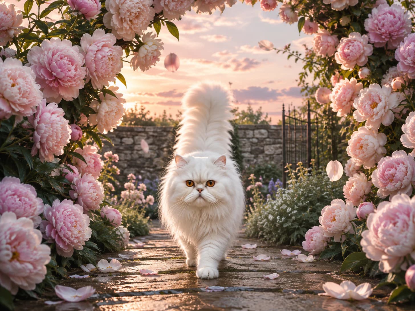 Duchess does one circuit of the peonies at sunset and expects admiration throughout.
