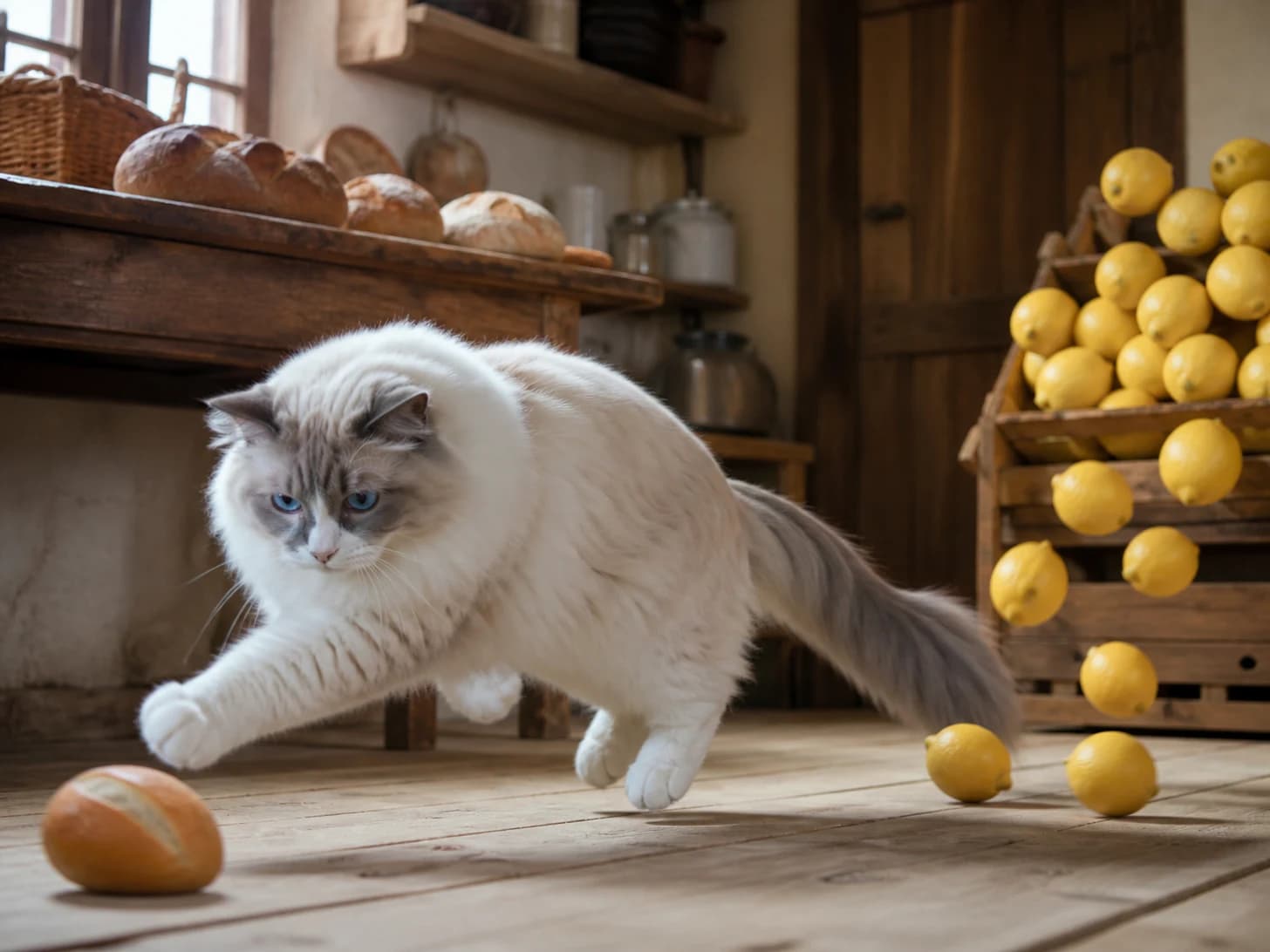 Pierogi II was promoted to baker guarding a runaway bread roll; unfortunately, a tower of lemons begins to collapse.