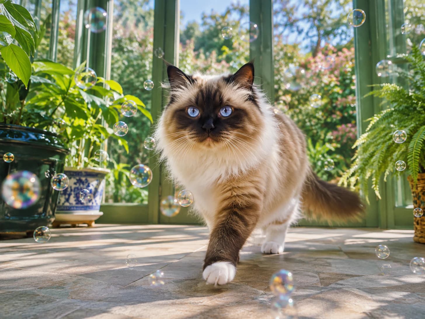 Bluebell walks through the bubbles entirely unbothered, which was not the plan.