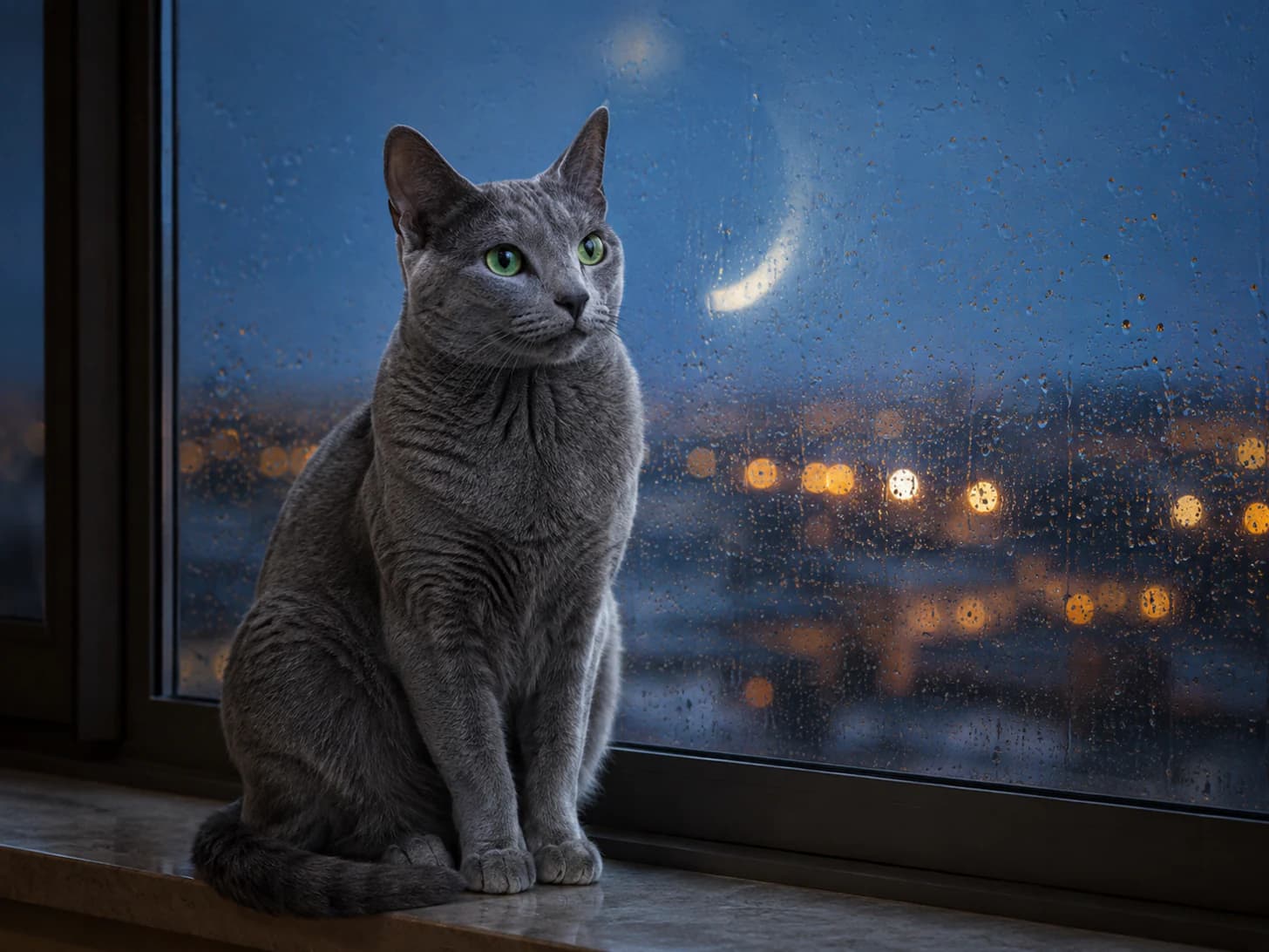 Sasha watches the rain and the entire city from that sill, and comes to bed at midnight.