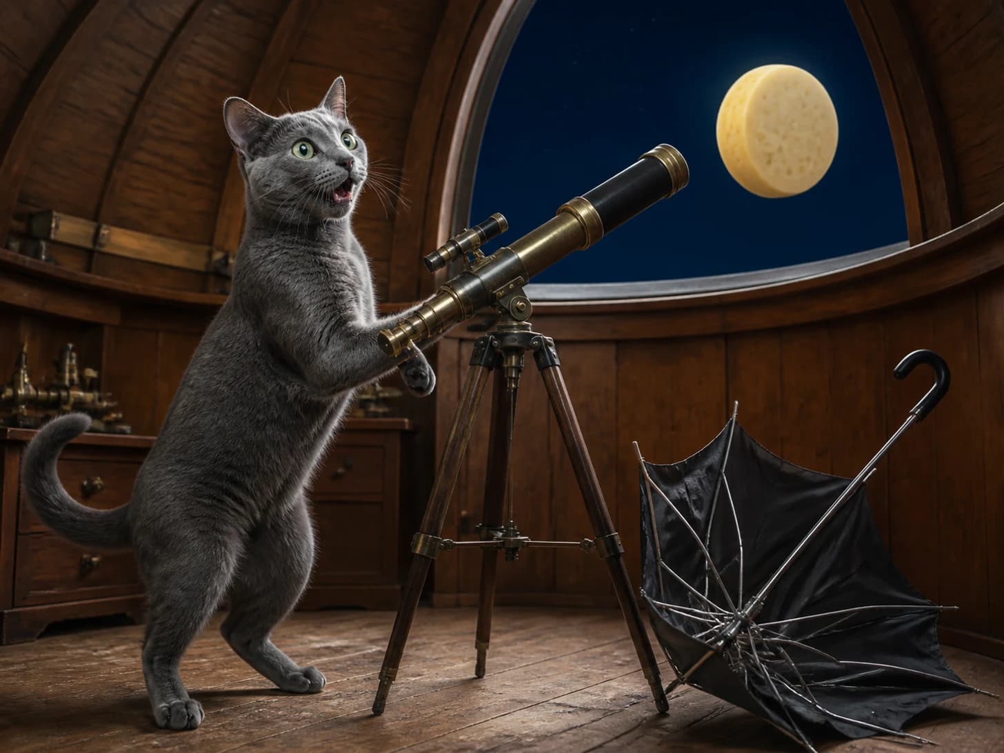 Cinder IV was promoted to astronomer discovering that the moon is a cheese wheel; unfortunately, a miniature umbrella turns inside out.