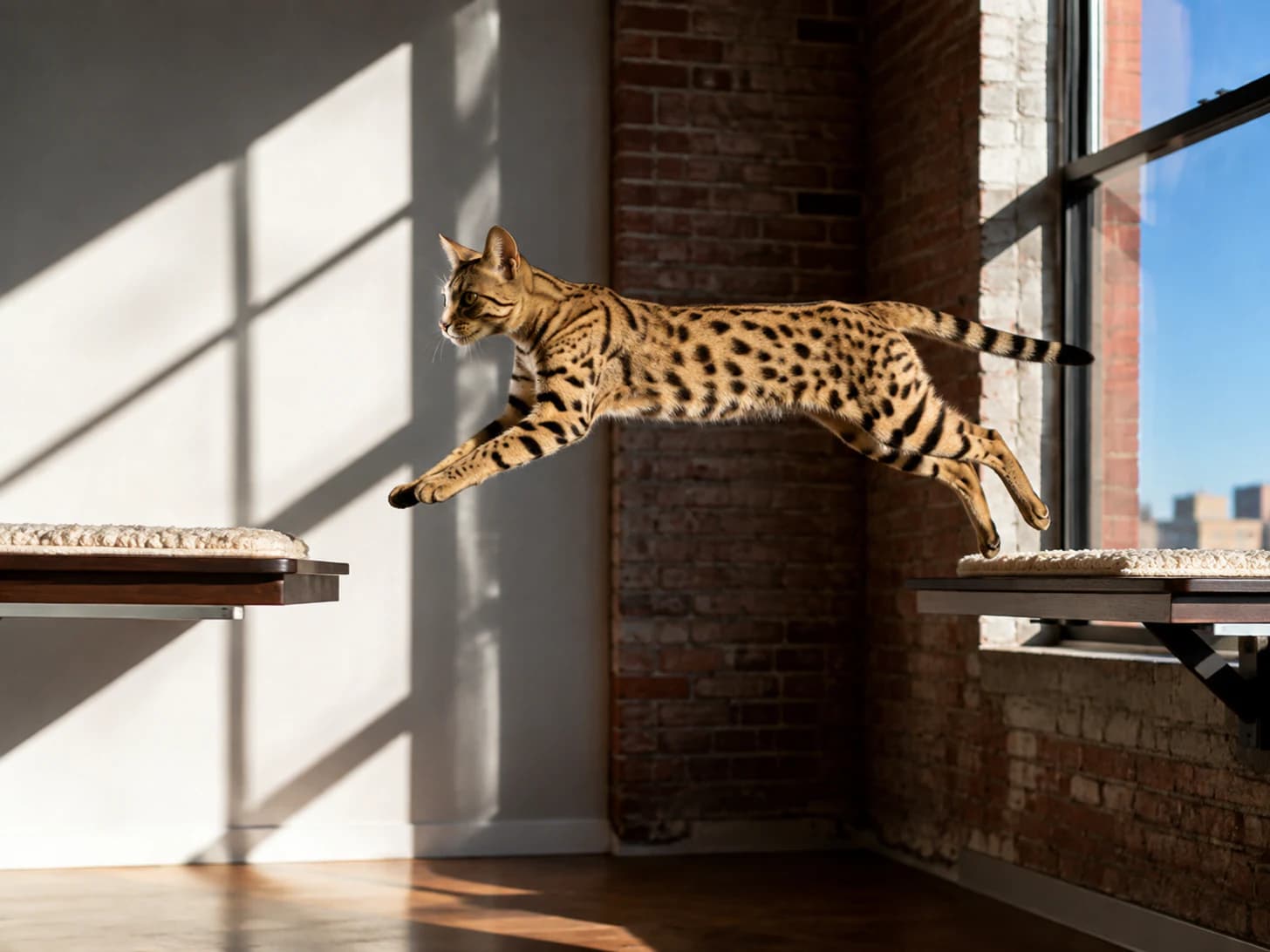 Zuri crosses the room shelf to shelf and has not used the floor in months.
