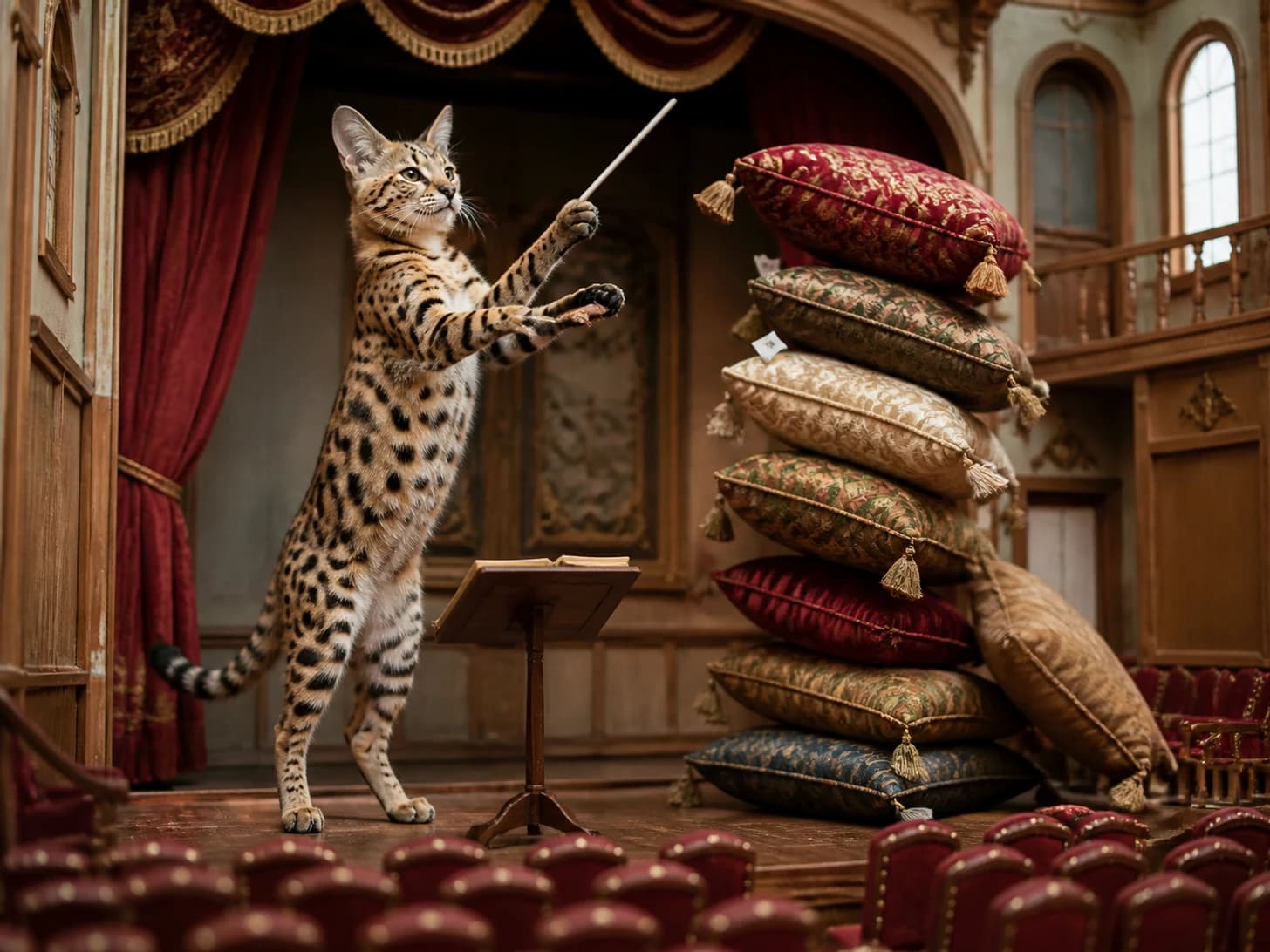 Sorrel V was promoted to stern orchestra conductor; unfortunately, a pile of cushions slowly topples.