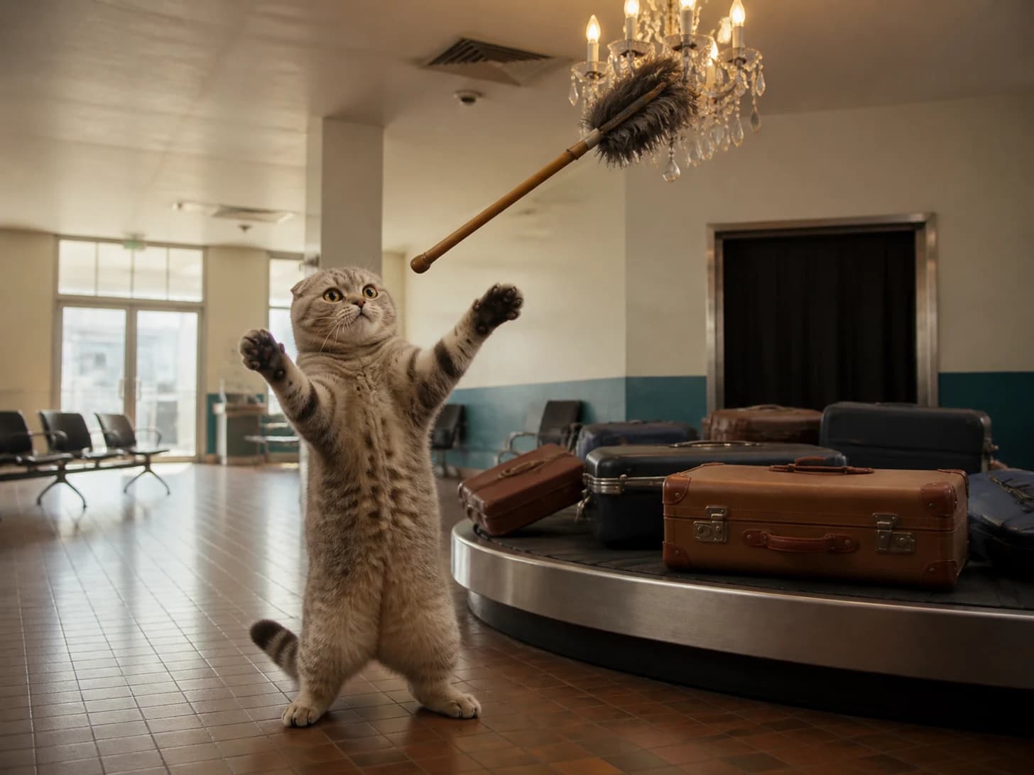 Domino II was promoted to overwhelmed airport baggage manager; unfortunately, a feather duster gets stuck in a tiny chandelier.