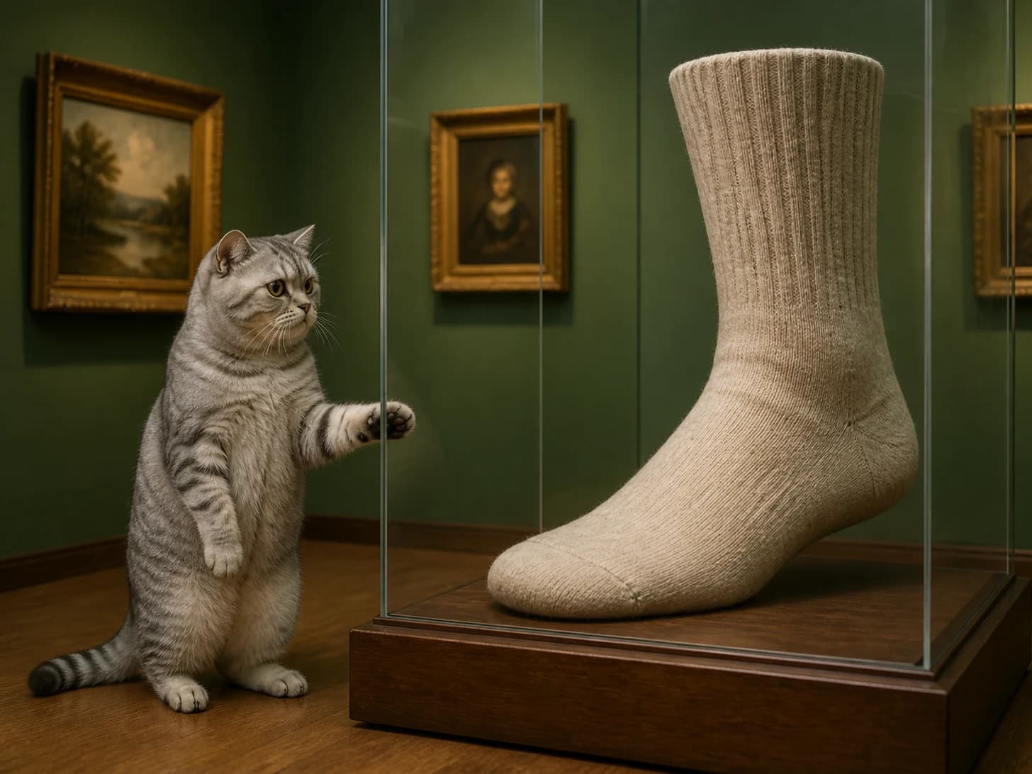 Pudding II was promoted to meticulous museum curator; unfortunately, a single enormous sock appears without explanation.