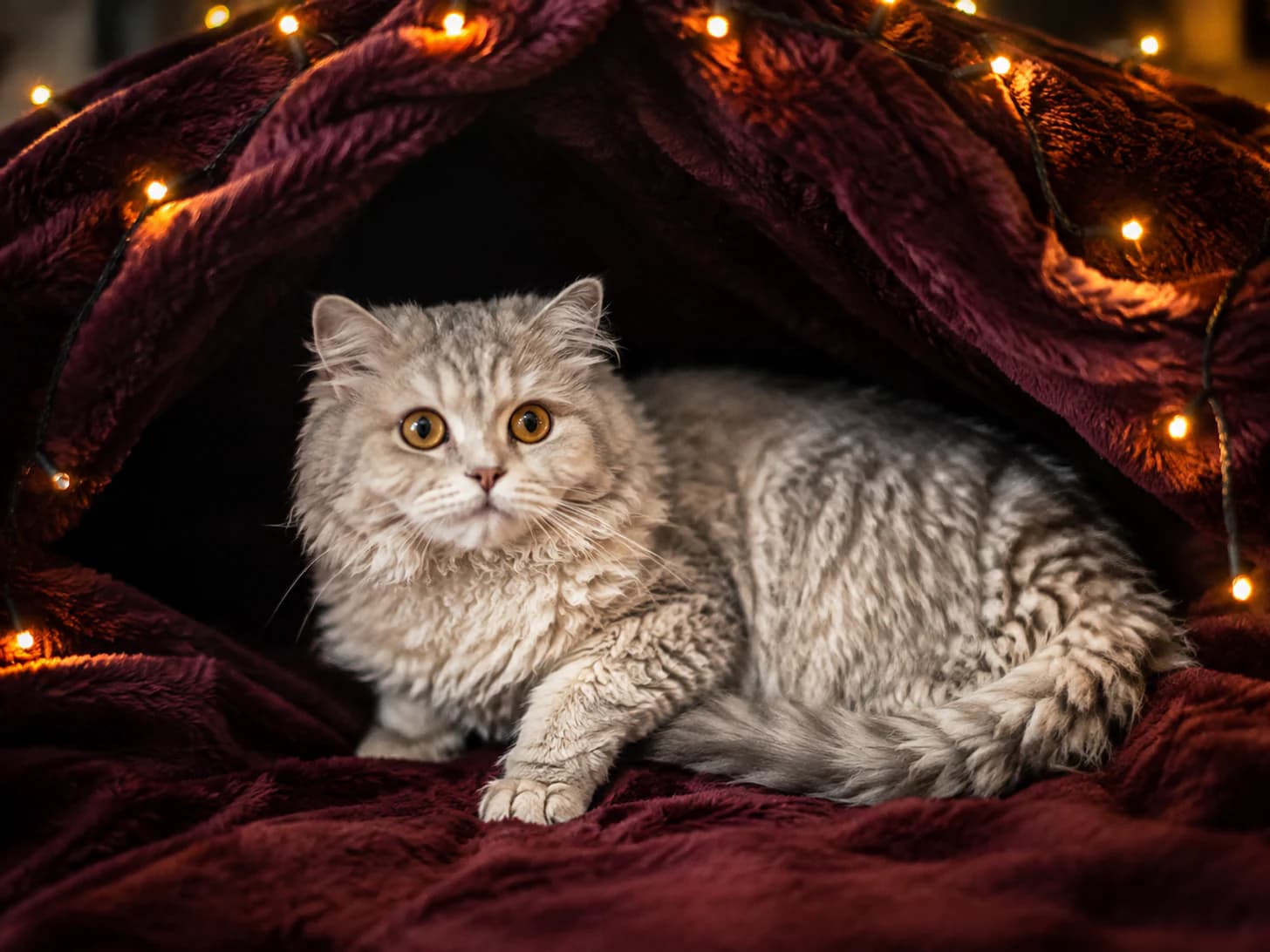Muffin built the den, strung the lights, and now receives visitors inside it.